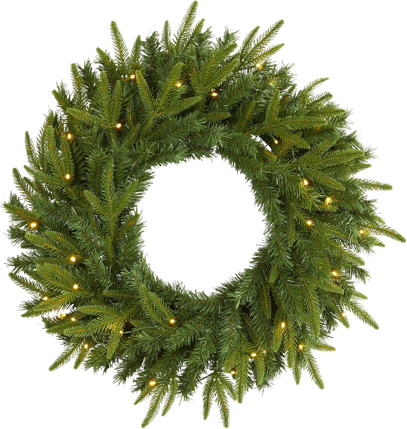 Nearly Natural 24 in Artificial Long Pine Wreath with 35 Clear LED Lights | Faux Greenery, Pre-Lit Design, Maintenance-Free Christmas Decor for Home and Holiday, Perfect for Front Door or Wall Entryway