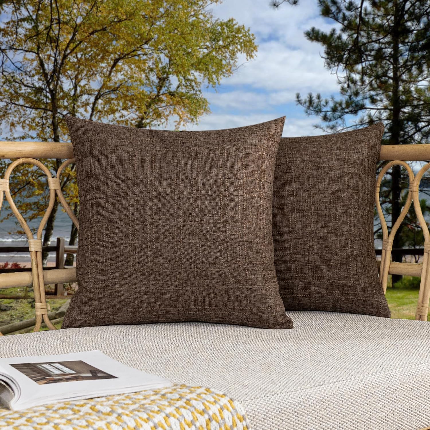 Kevin Textile Pack of 2 Outdoor Waterproof Throw Pillow Covers Decorative Farmhouse Checkered Square Solid Cushion Cases for Patio Garden Porch Sofa Brown 18×18 inch