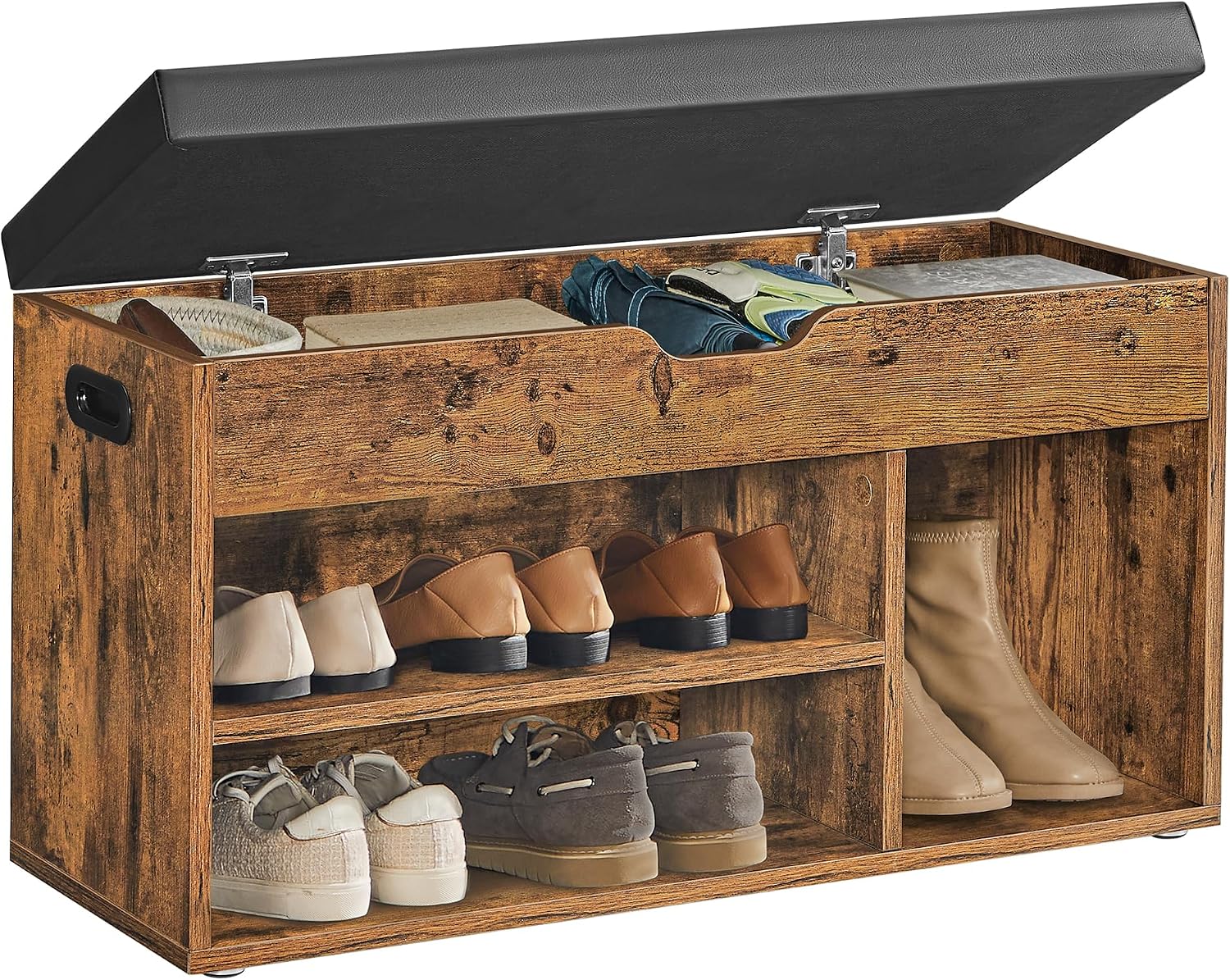 VASAGLE CUSTOS Collection – Storage Bench with Cushion, Shoe Bench, Padded Seat, Hidden Storage, Entryway, Hold up to 300 lb, 11.8 x 31.5 x 17.3 Inches, Rustic Brown and Ink Black ULHS30BX