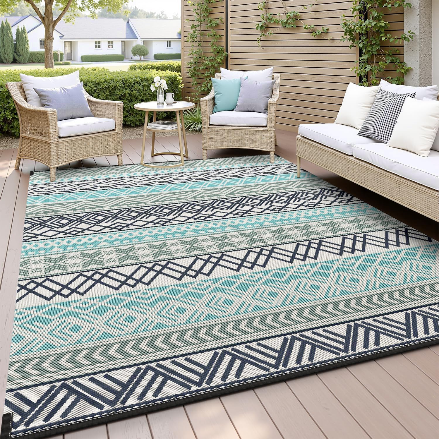 MontVoo Outdoor Rug Carpet Waterproof-Patio Rug Mat 5×8 Reversible RV Outdoor Camping Rugs Picnic Beach Mats Plastic Straw Outside Rugs for Balcony Porch Pool Deck Boho Patio Decor