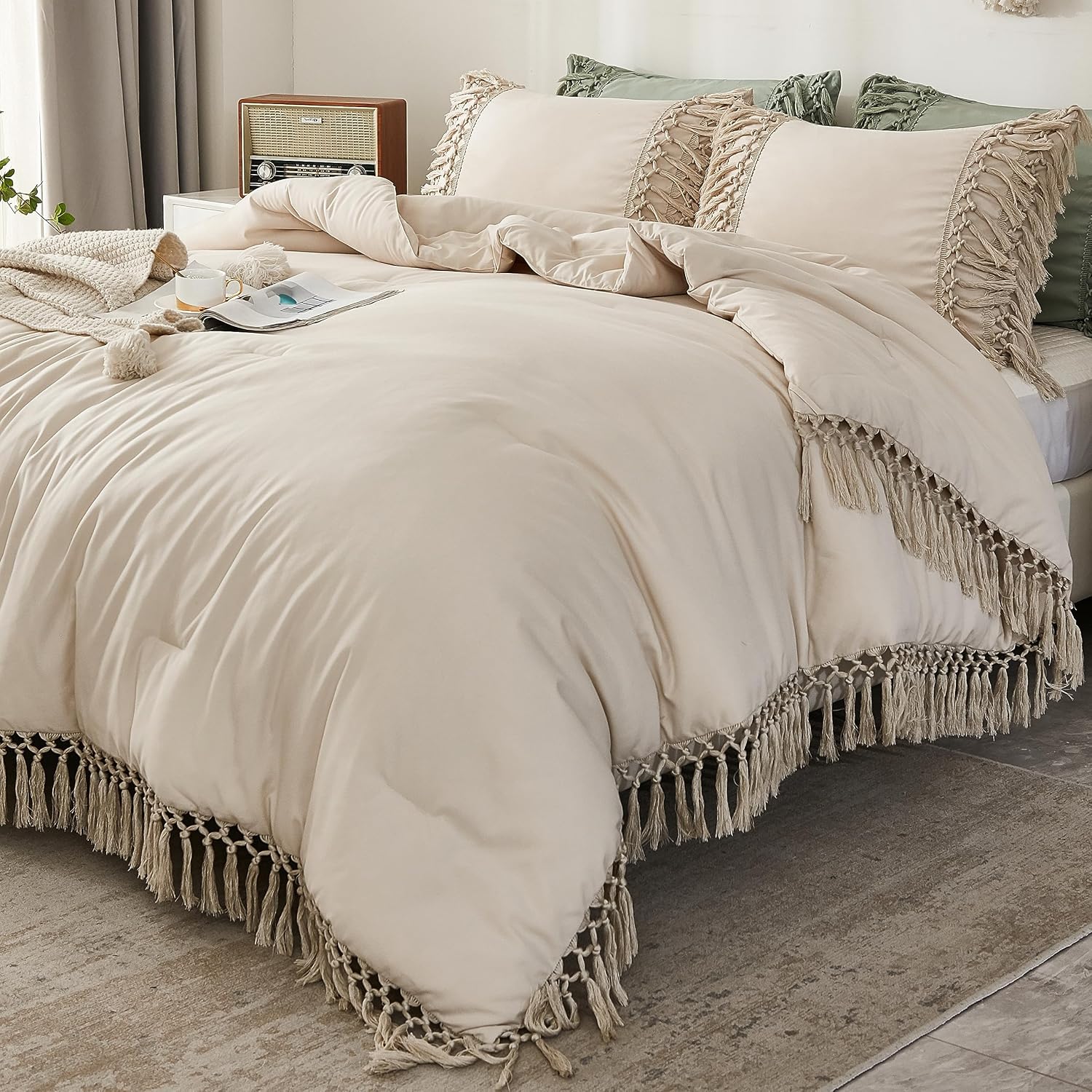 Andency Beige Comforter Set Queen, 3 Pieces Boho Tassel Bedding | Lightweight Soft Comforter Sets(90x90In) and 2 Pillowcases, All-Season Fluffy Fringe