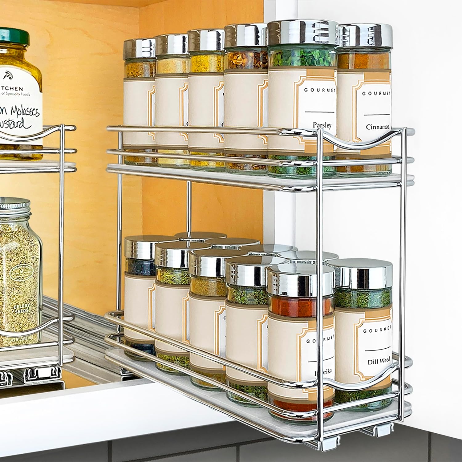 LYNK PROFESSIONAL® Pull Out Spice Organization for Cabinets – 4-3/8 inch Wide – Spice Rack for Inside Cabinets, Slide Out Spice Rack Organizer for cabinet – Pull Out Spice Rack, Sliding 2 Tier Chrome