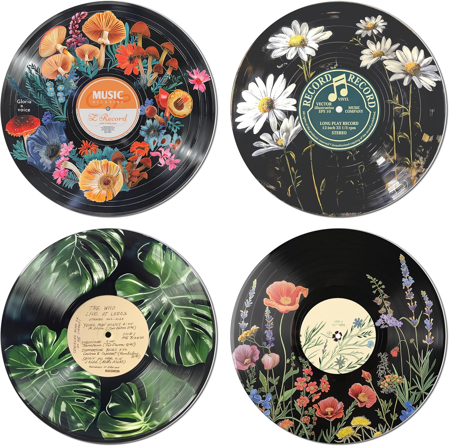 HK Studio Hippie Decor, Posters for Room Aesthetic – Botanical Wall Art, Record Decor, 4pcs 12″