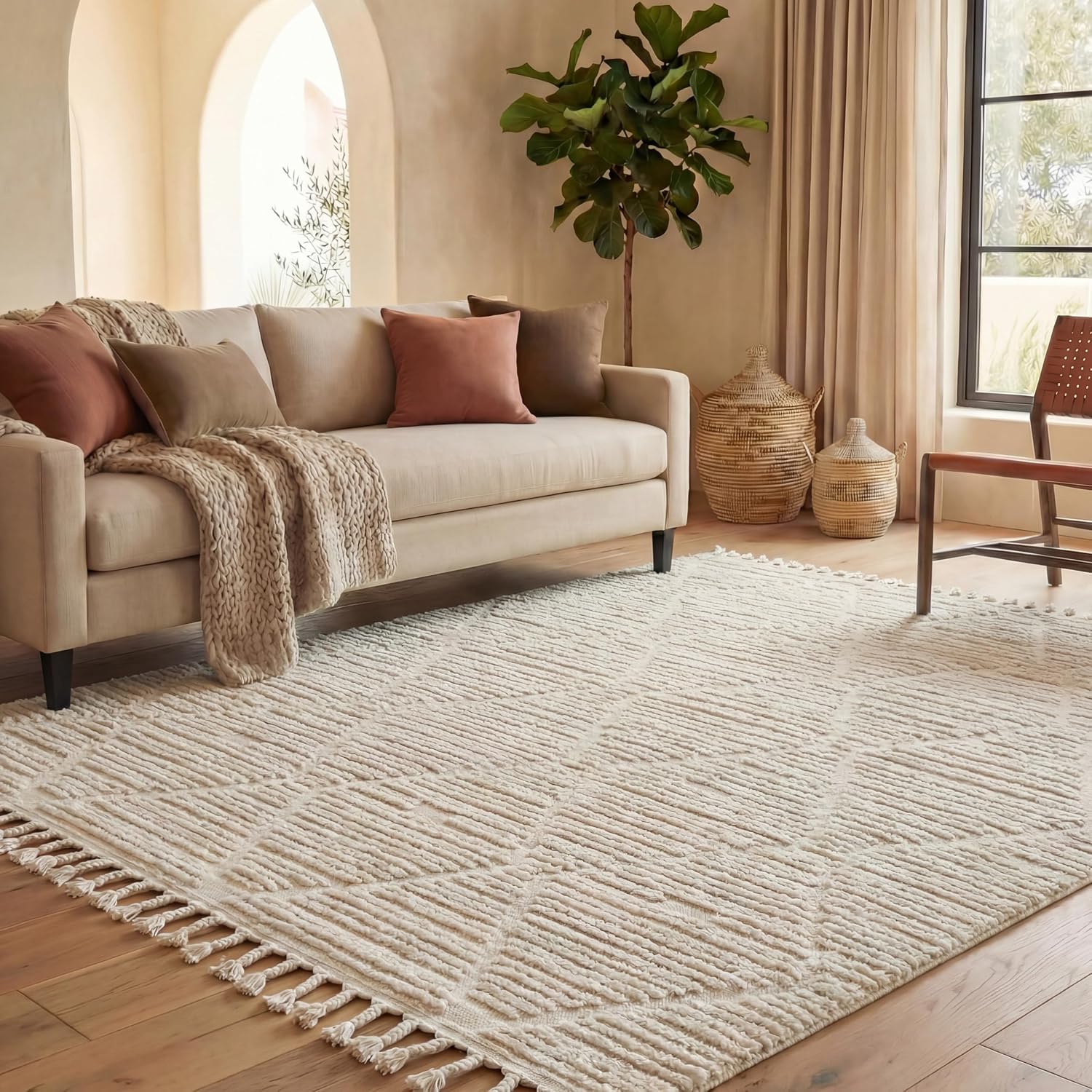 SAFAVIEH Area Rug 8×10 – Marrakesh Collection – Large – Beige, Moroccan Trellis Design with Tassel Detail, Non-Shedding & Easy to Clean, Ideal for Living Room, Bedroom, Dining Space (MRK517C)