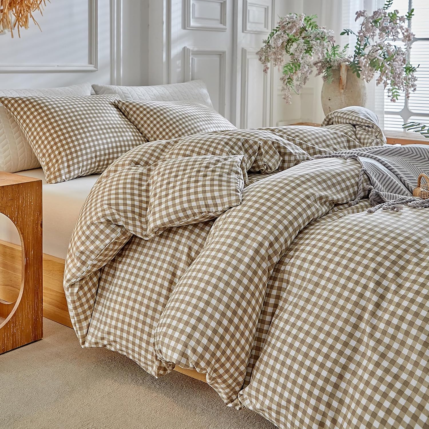 DuShow Grid King Duvet Cover Set – Tan Gingham Washed Microfiber Comforter Cover Set, 3 Pieces Plaid Checkered Soft Reversible Bedding Set(Tan,King)