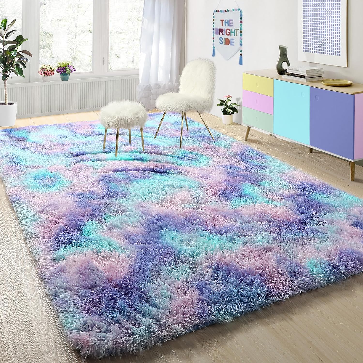 PAGISOFE Cute Furry Pastel Rug for Girls Bedroom, Soft Adorable Rainbow Purple Tent Rugs for Livingroom, Kid Room,Playroom Nursery Home Decor,Plush Mermaid Kawaii Rug Fluffy Carpet 4×6 Area Rug Sturdy