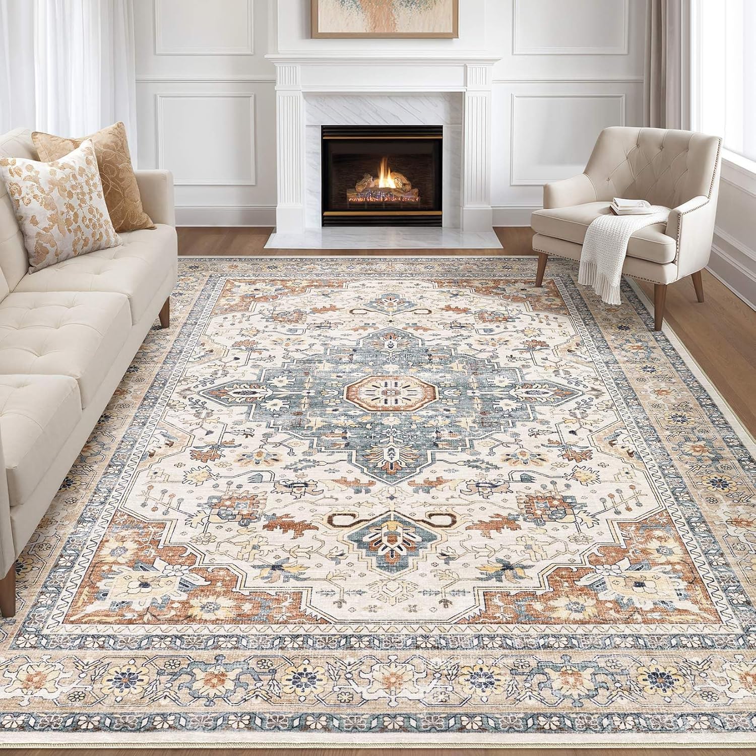 8×10 Area Rugs Living Room: Washable Boho Large Neutral Vintage Soft Rug Stain Resistant Distressed Farmhouse Non-Slip Indoor Floor Carpet for Bedroom Nursery Kids Office Dining Room- Beige Blue