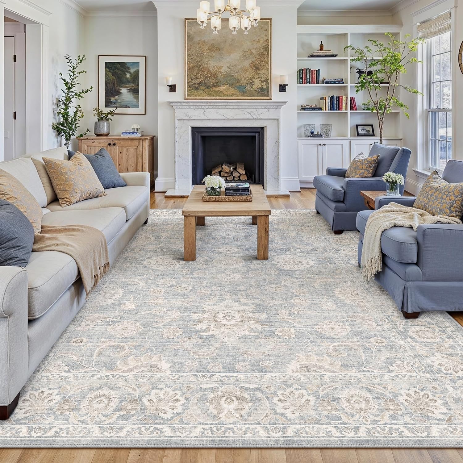8×10 Blue Cream Neutral Area Rug | Washable, Vintage, Soft, Non Slip, Low Pile, Distressed, Carpet for Living Room Bedroom Dining Room Nursery Home Decor