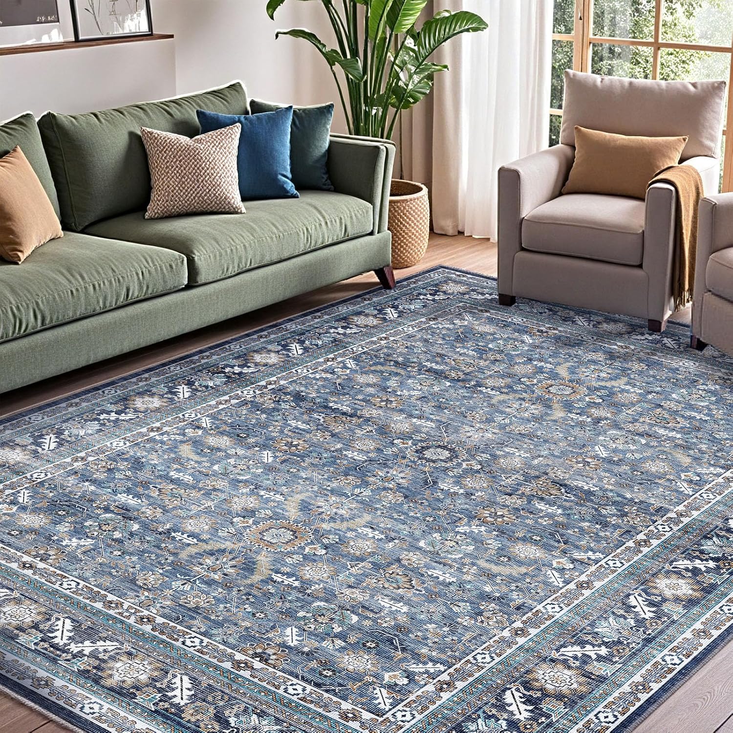 OPPODREAM Vintage Blue Area Rugs 5×7, 5 x 7 Retro Washable Rug Non Slip, Low-Pile Faux Wool Carpet, Distressed Navy Floor Mat for Living Room, Bedroom, Kitchen, Office, Dorm, Dinning Room