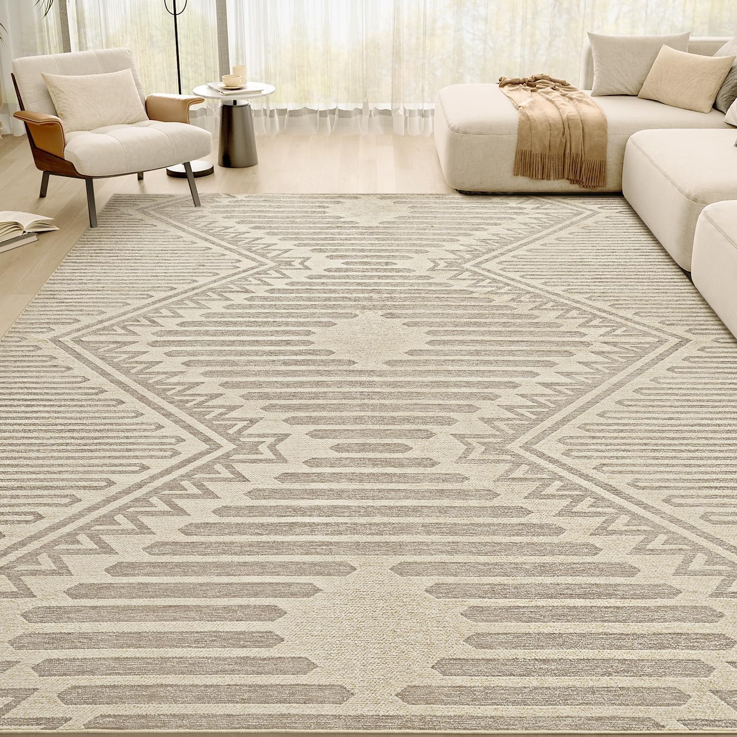 Boho Beige 8×10 Area Rugs Textured Tufted Rugs for Living Room Bedroom Nursery Rug-Carpet Washable Brown Neutral Modern Aztec Rug