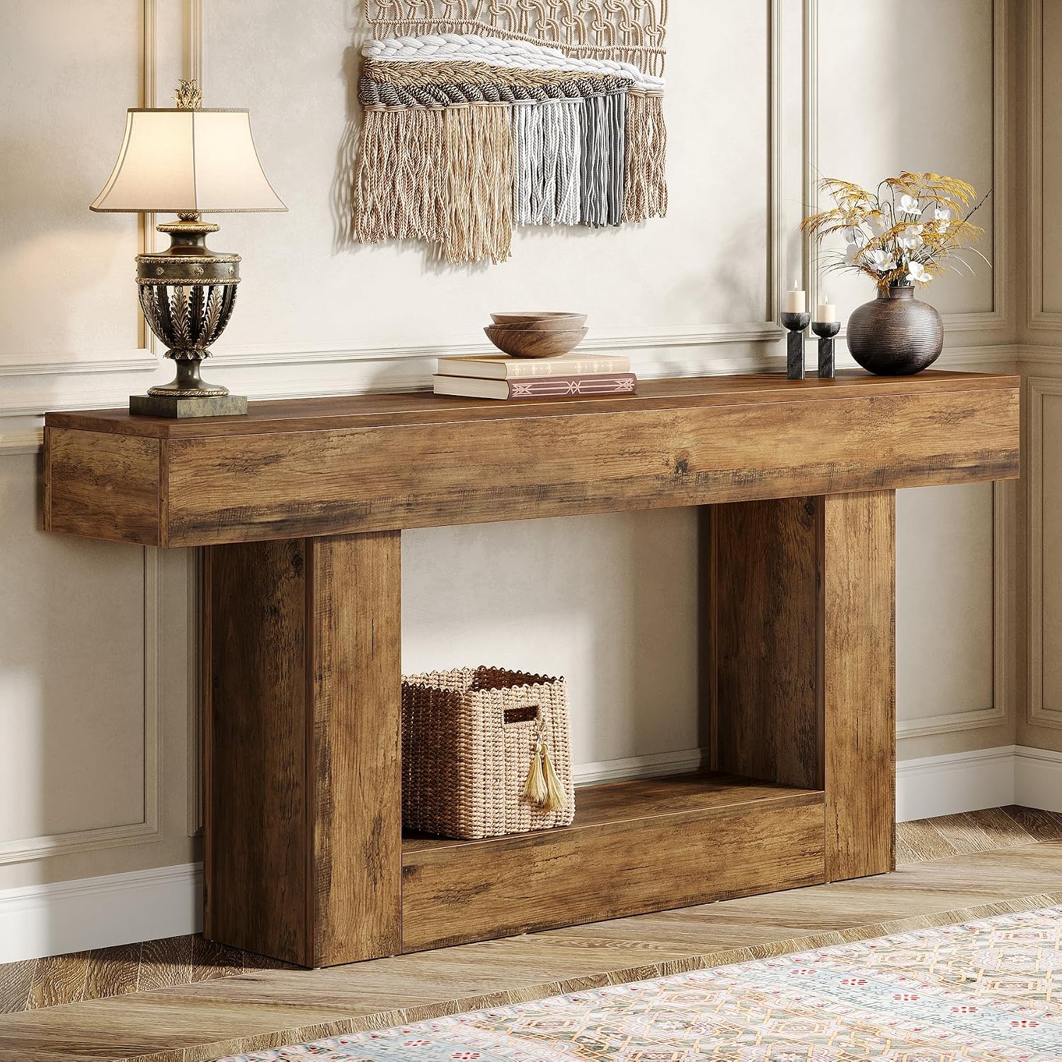 Tribesigns 63″ Console Table, Farmhouse 2-Tier Entryway Table with U-Shaped Base, Narrow Long Wood Sofa Table Behind Couch Table for Living Room, Hallway, Foyer, Vintage Brown