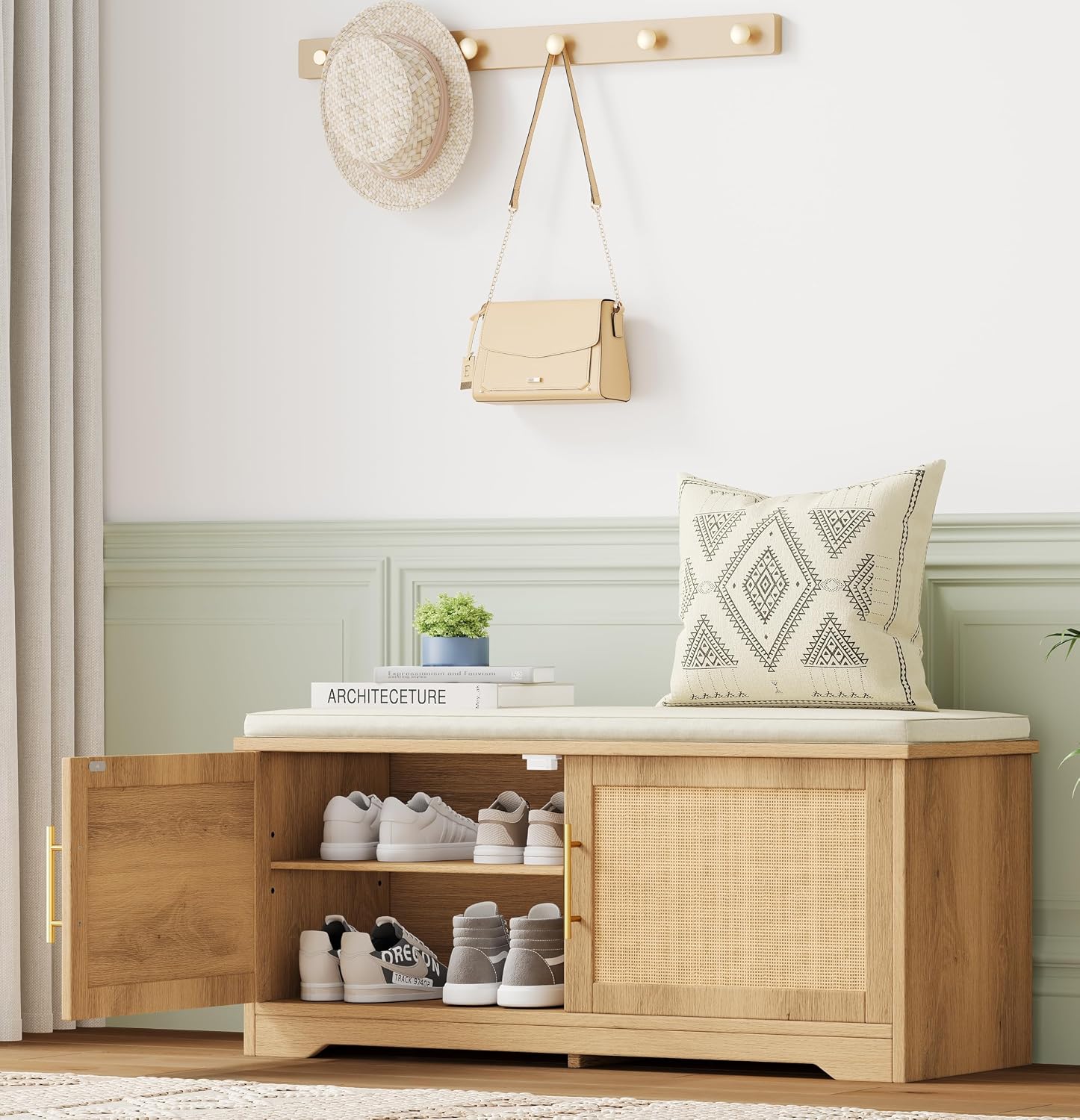 Rattan Shoe Storage Bench, 39.4″ Wide Entryway Bench, Natural Oak | Hidden Shoe Organizer Cabinet with Cushion, Shoe Rack Bench with Adjustable Shelves, for Hallway Living Room, Natural Oak