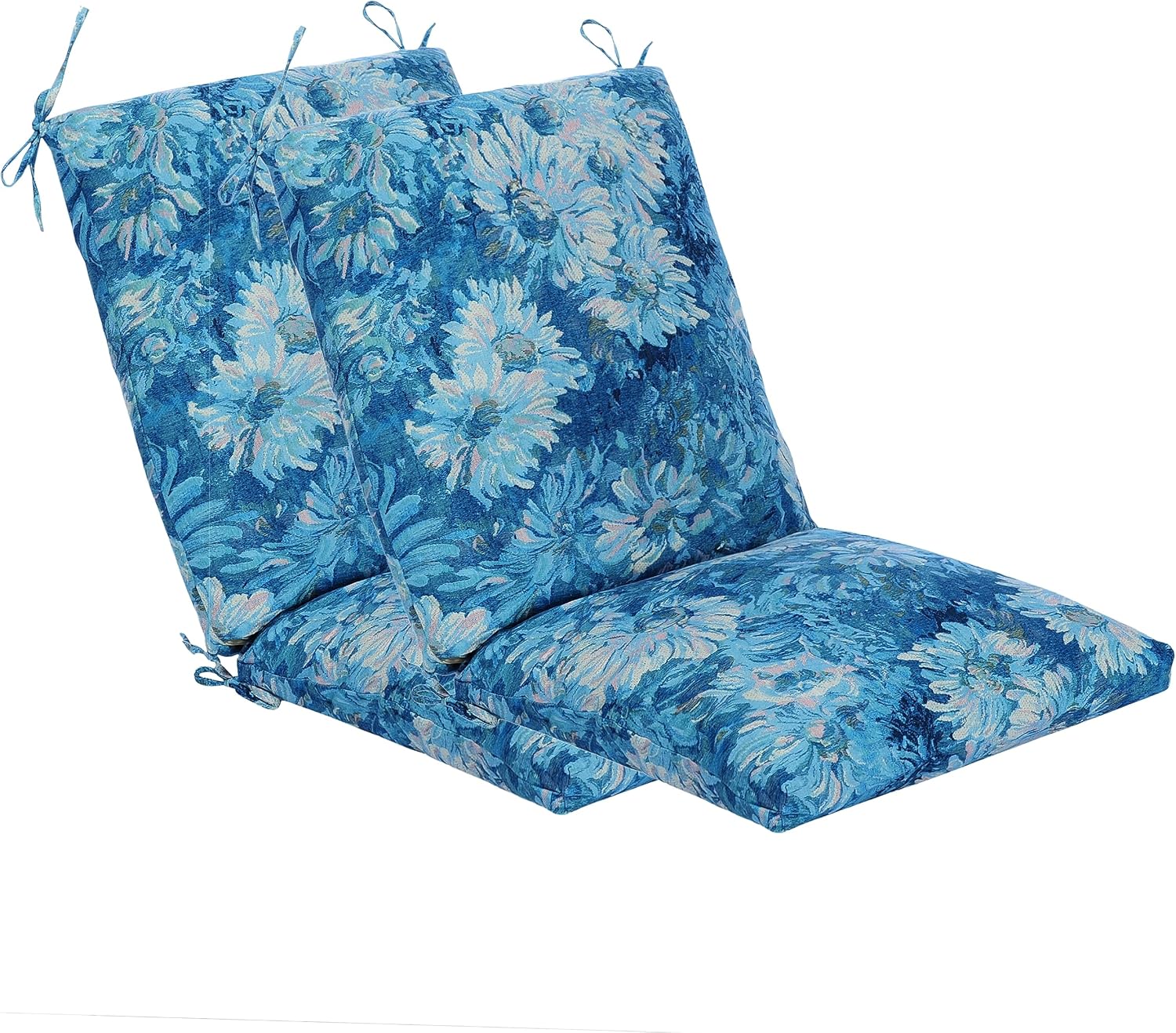 Set of 2 Outdoor Dining Chair Cushions, Patio Seating Cushions, 38x18x4.5 inch, for Garden Patio Furniture (Blue Monet Garden)