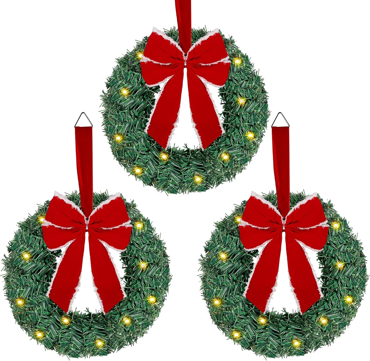 3 Pack Mini Christmas Wreath, Lighted Christmas Front Door Wreath, Xmas Wreath for Holiday Christmas Party Decorations (Red Bow)