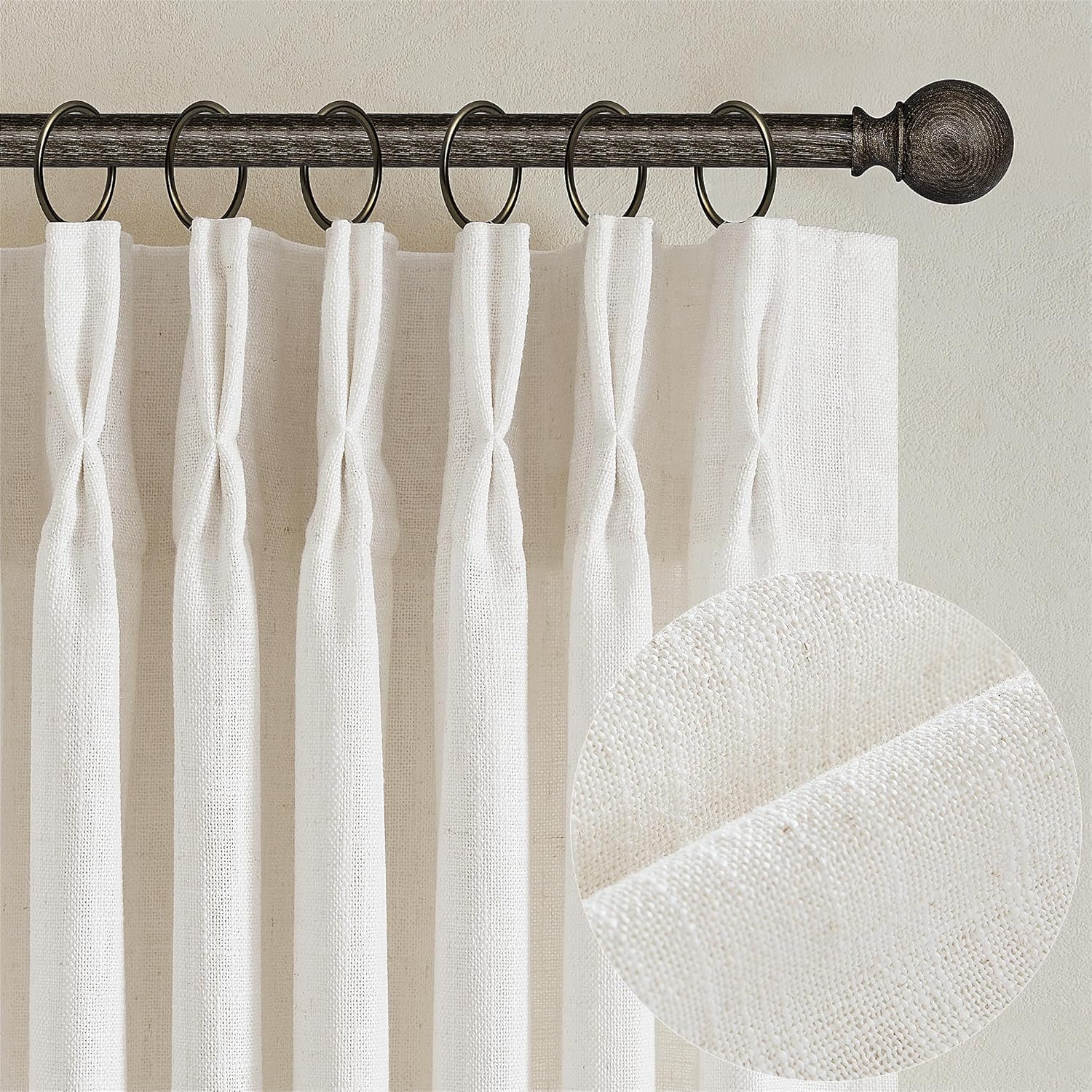 TWODRAPES Natural Pinch Pleated Linen Semi Sheer 84 Inch Curtains 2 Panels | Pinch Pleat Hooks Rings, Back Tab, Cream Ivory Birch, Boho Neutral, Textured Linen, Window Curtain for Living Room Bedroom