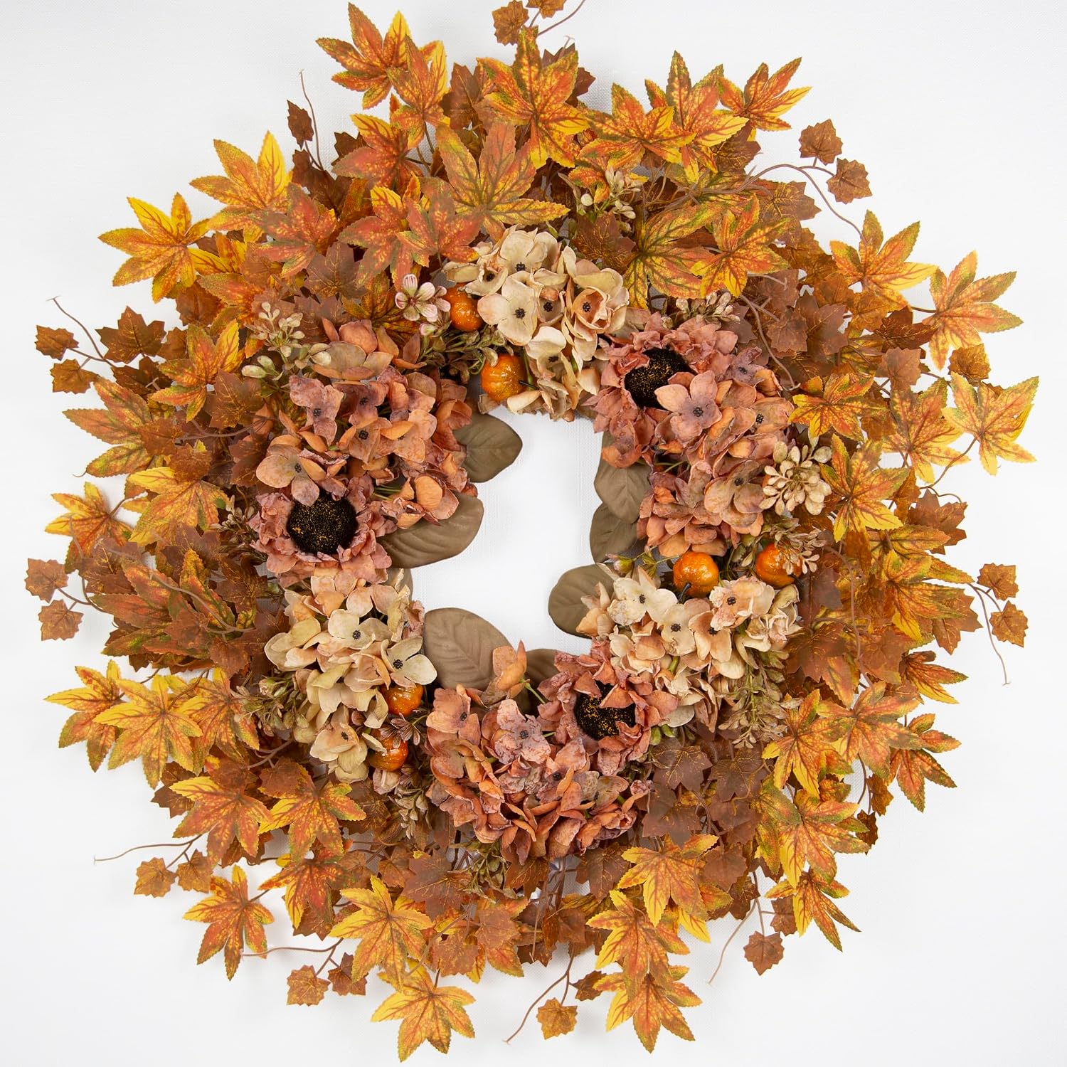 TOPIA 26 Inch Artificial Dried Hydrangea Wreath, Autumn Fall Wreath, Handmade Silk Floral Door Decor (Fall Colour Hydrangea/Maple Leaves)