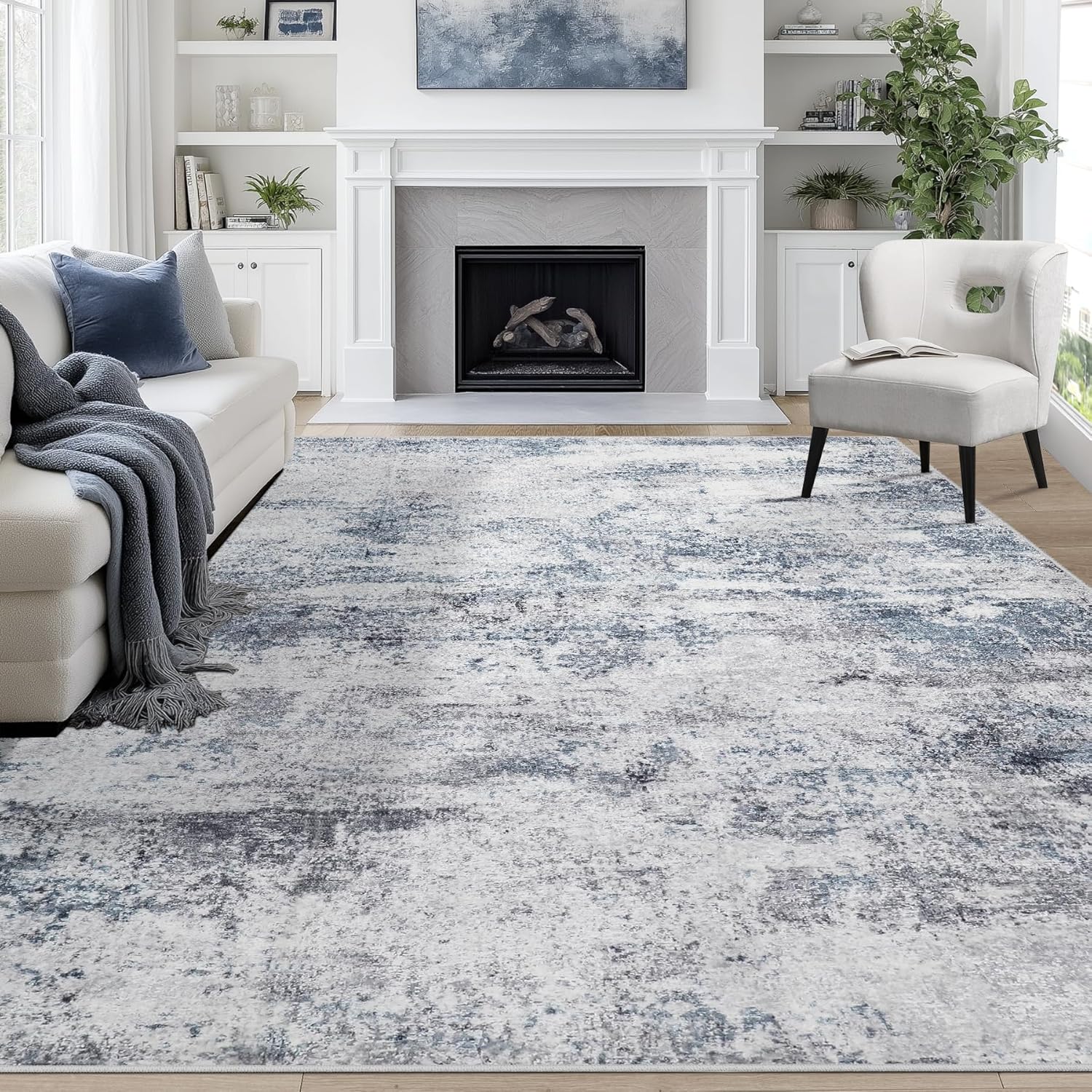 9×12 Area Rugs for Living Room Washable: Abstract Large Rug for Dining Room Bedroom Carpet Non Slip 9 by 12 Indoor Modern Nursery Home Office Blue Grey