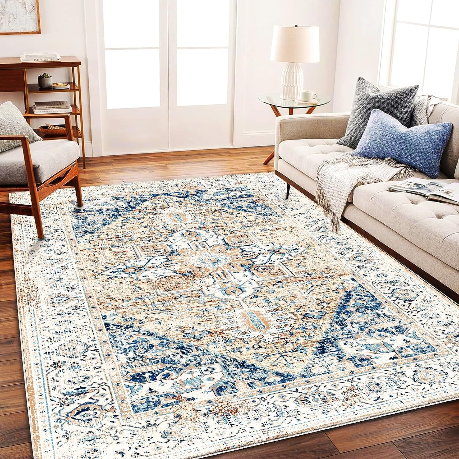 CHAMPLANT Washable Area Rug 8×10 Boho Chic Medallion Distressed Design Non-Shedding Easy Care Ideal for High Traffic Areas in Living Room Bedroom Office Coffee Table Large Carpet