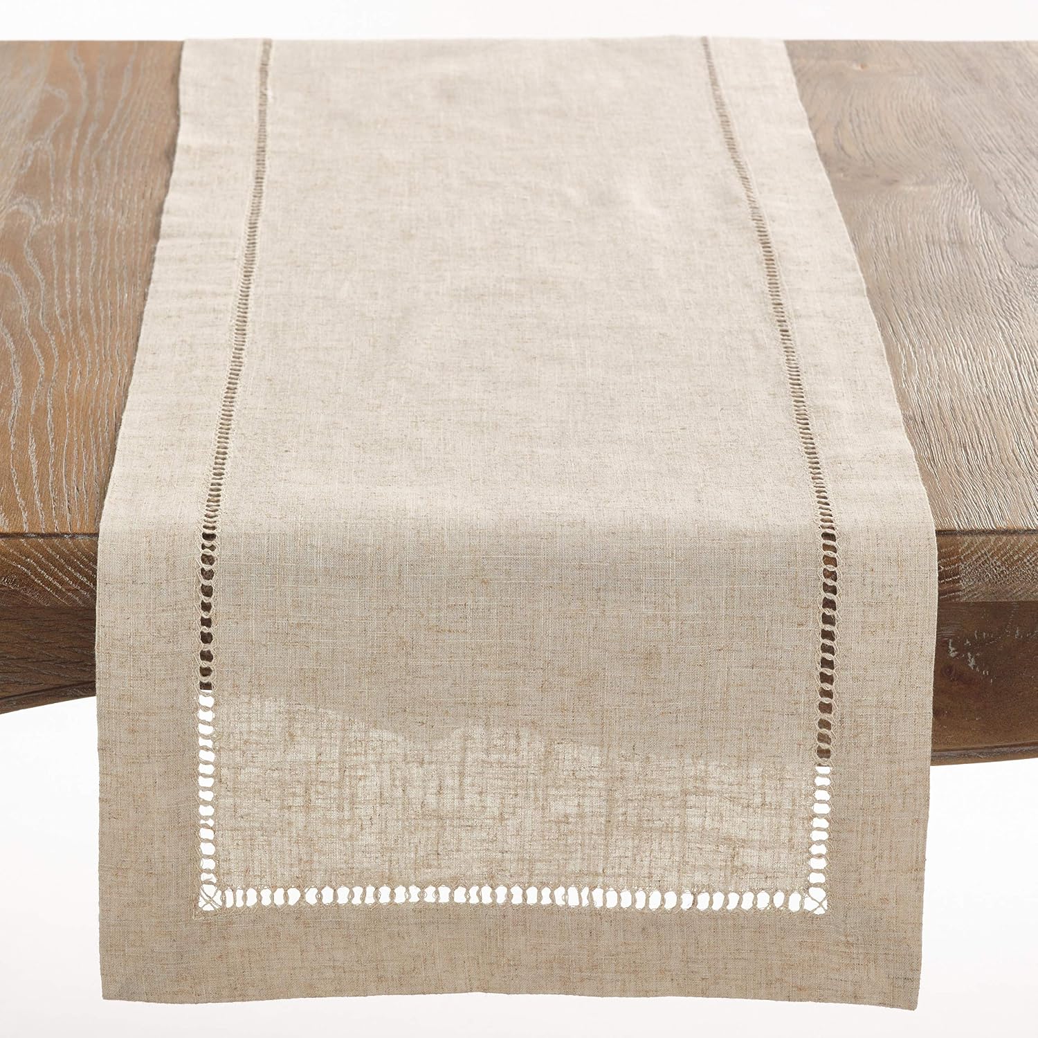Saro Lifestyle Poly and Linen Blend Hemstitched Table Runner with Hemstitch Border, 16″x72″, Natural
