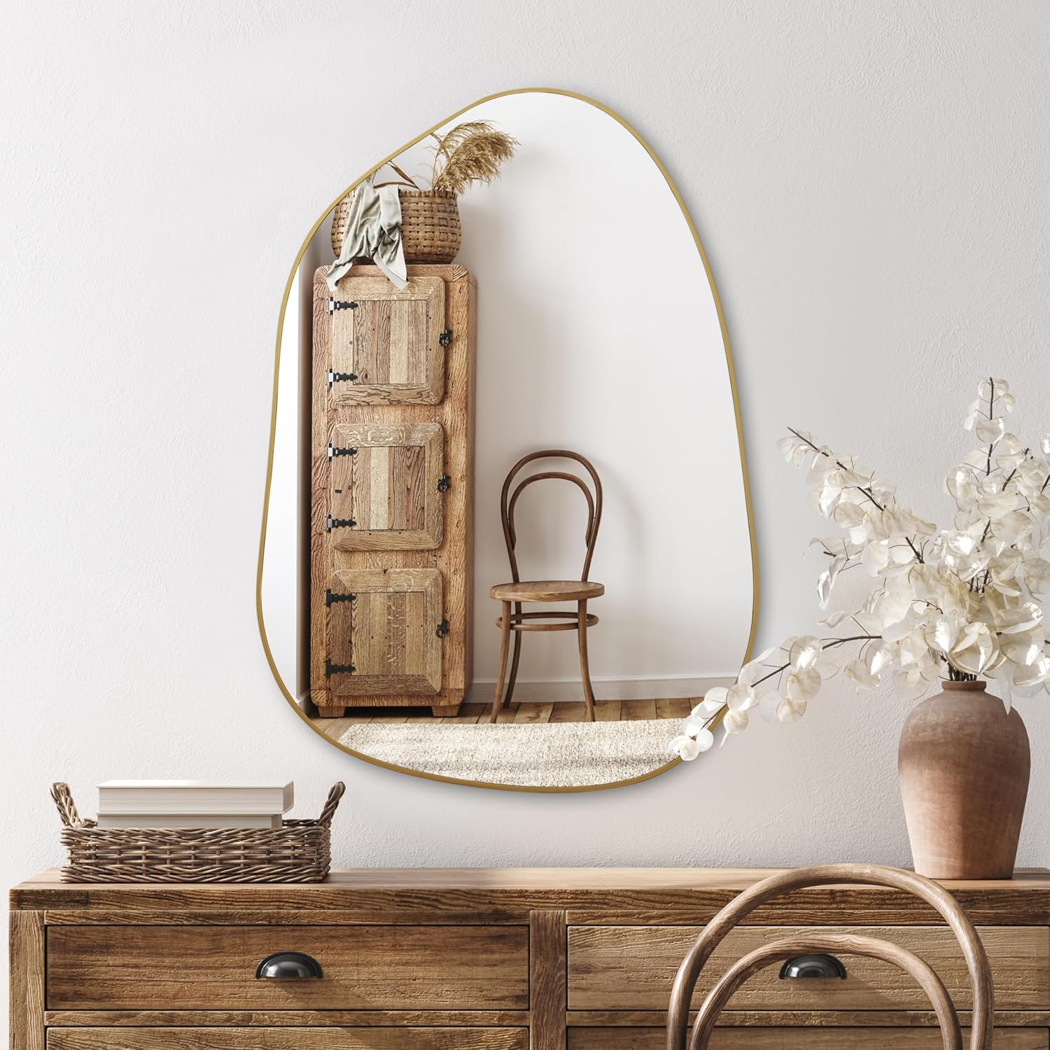 PERFNIQUE Irregular Asymmetrical Wall Mirror, 27”x19” Gold Bathroom Mirror