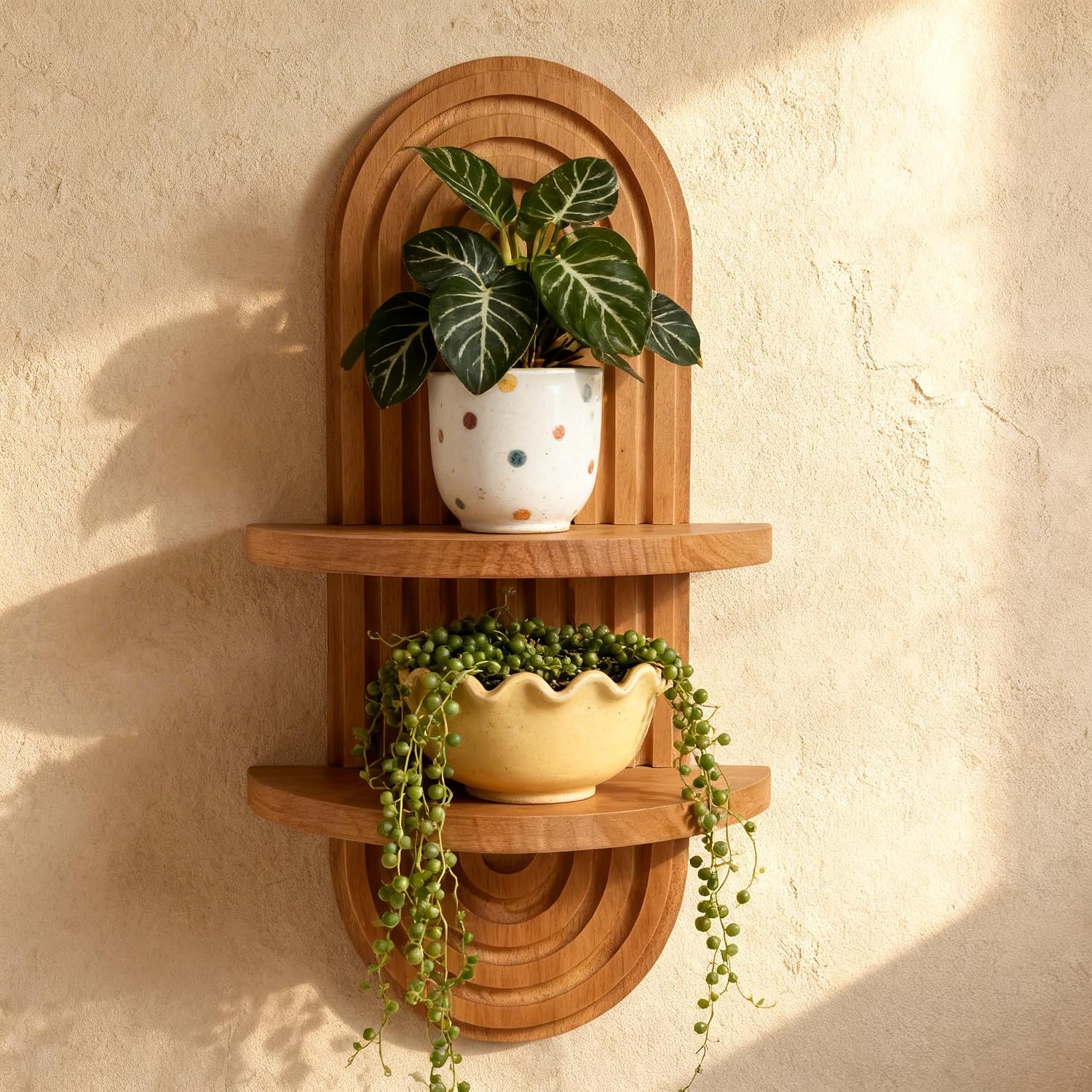 Vintage Arch Plants Wall Shelf Boho Wall Decor 2-Tier Wood Floating Shelves | 16.7″X 9″ Modern Wall Mounted Display Shelves, for home, Living Room, Bedroom, Office Decor