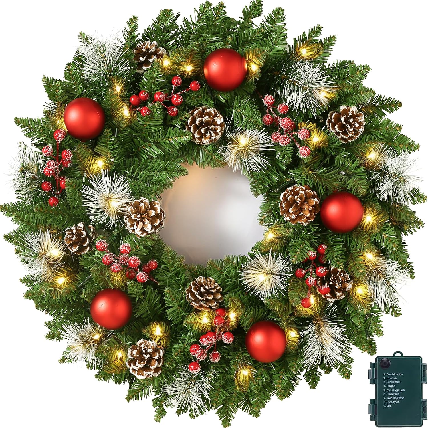 24 Inch Pre-Lit Artificial Christmas Wreath for Front Door, Christmas Door Decorations Wreath with LED Warm Lights, Balls, Pine Needles, and Red Berries Wall Windows Ornament