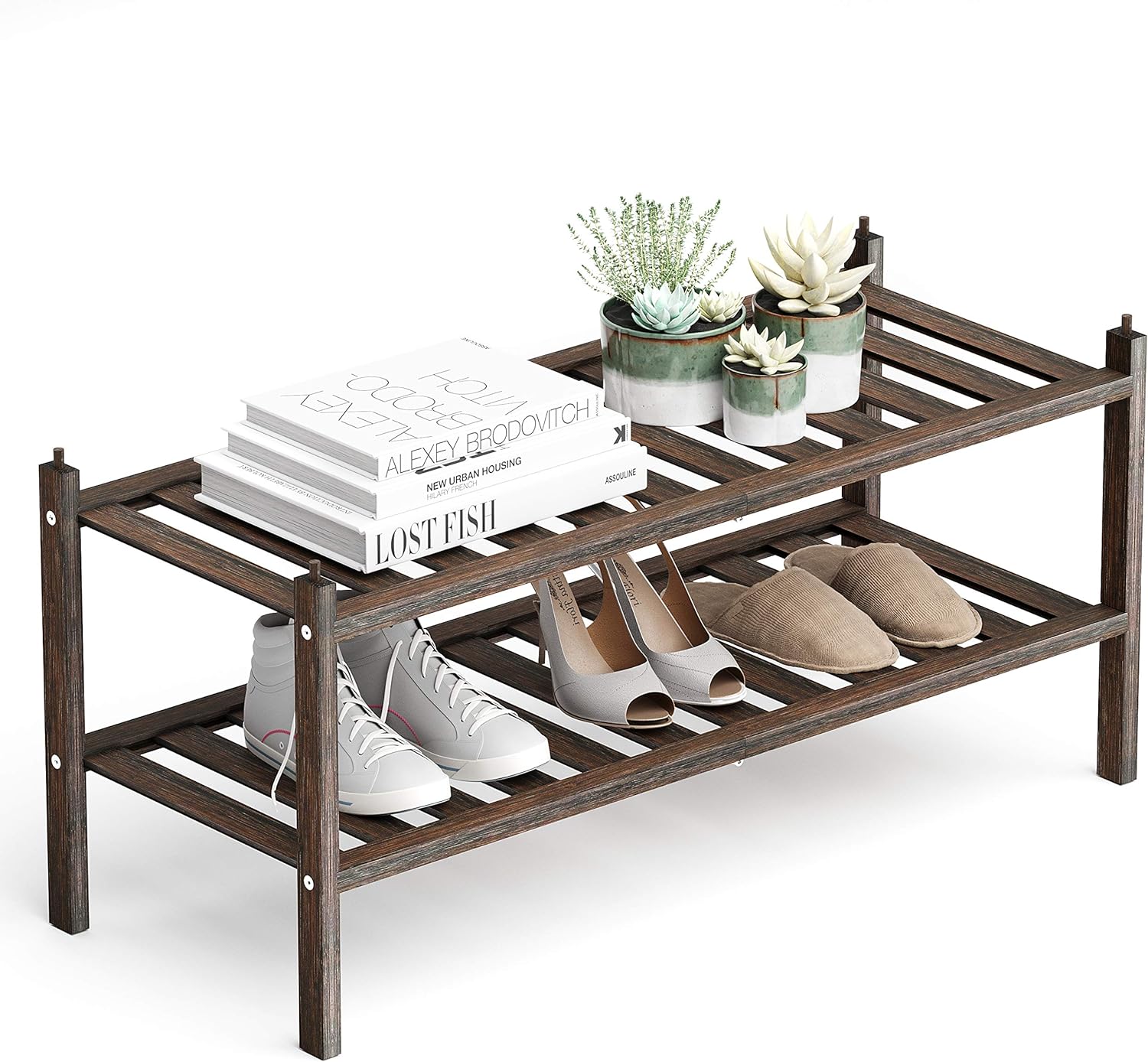 Dranixly Bamboo 2-Tier Shoe Rack Stackable Shelf Storage Organizer for Entryway, Hallway and Closet, 27.2″x11″x13.2″ (Mocha)