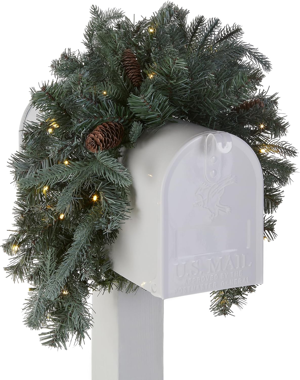 National Tree Company 36in Pre-Lit Frosted Arctic Spruce Mail Box Swag | 35 Warm White LED Lights, 113 Tips, Artificial Christmas Decoration with Pinecones, Timer, Green