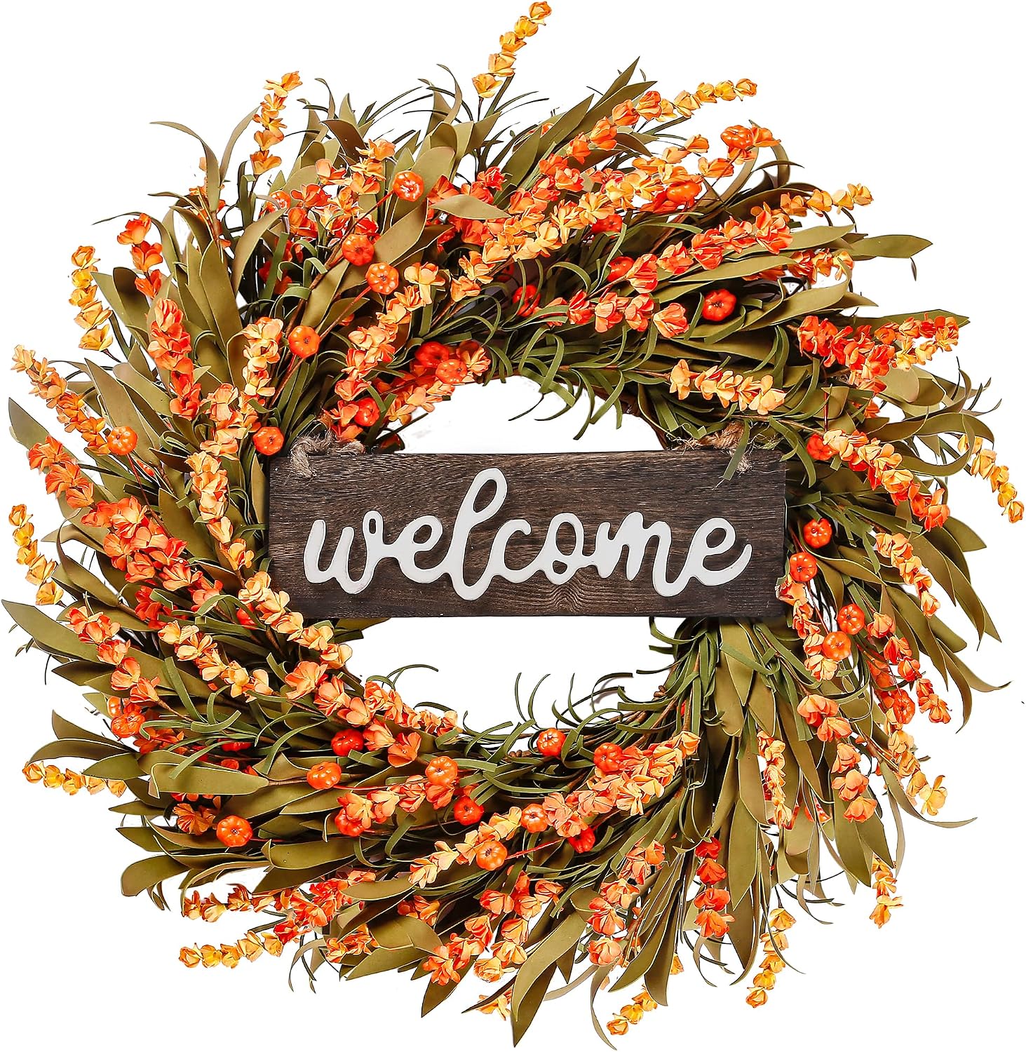 Sggvecsy Artificial Fall Wreath – 22” Autumn Front Door Wreath with Harvest Foam Leaves, Small Pumpkins for Outside, Indoor Wall, Window Festival, Thanksgiving Decor
