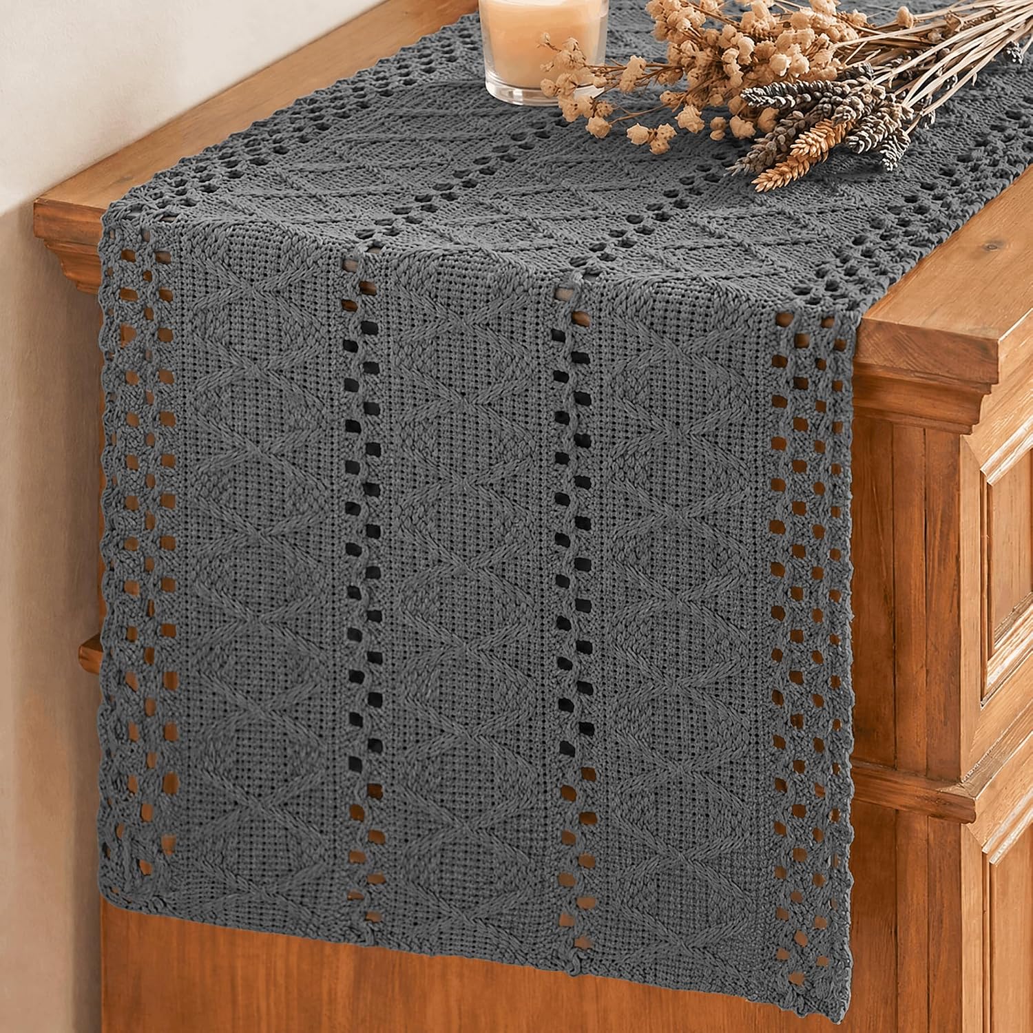 Artoid Mode Dark Grey Woven Farmhouse Hollow Table Runner 12×72 Inch | Holiday Rustic Kitchen Dining Dresser Coffee Table Decoration for Home Party Decor, Macrame Cotton Blend