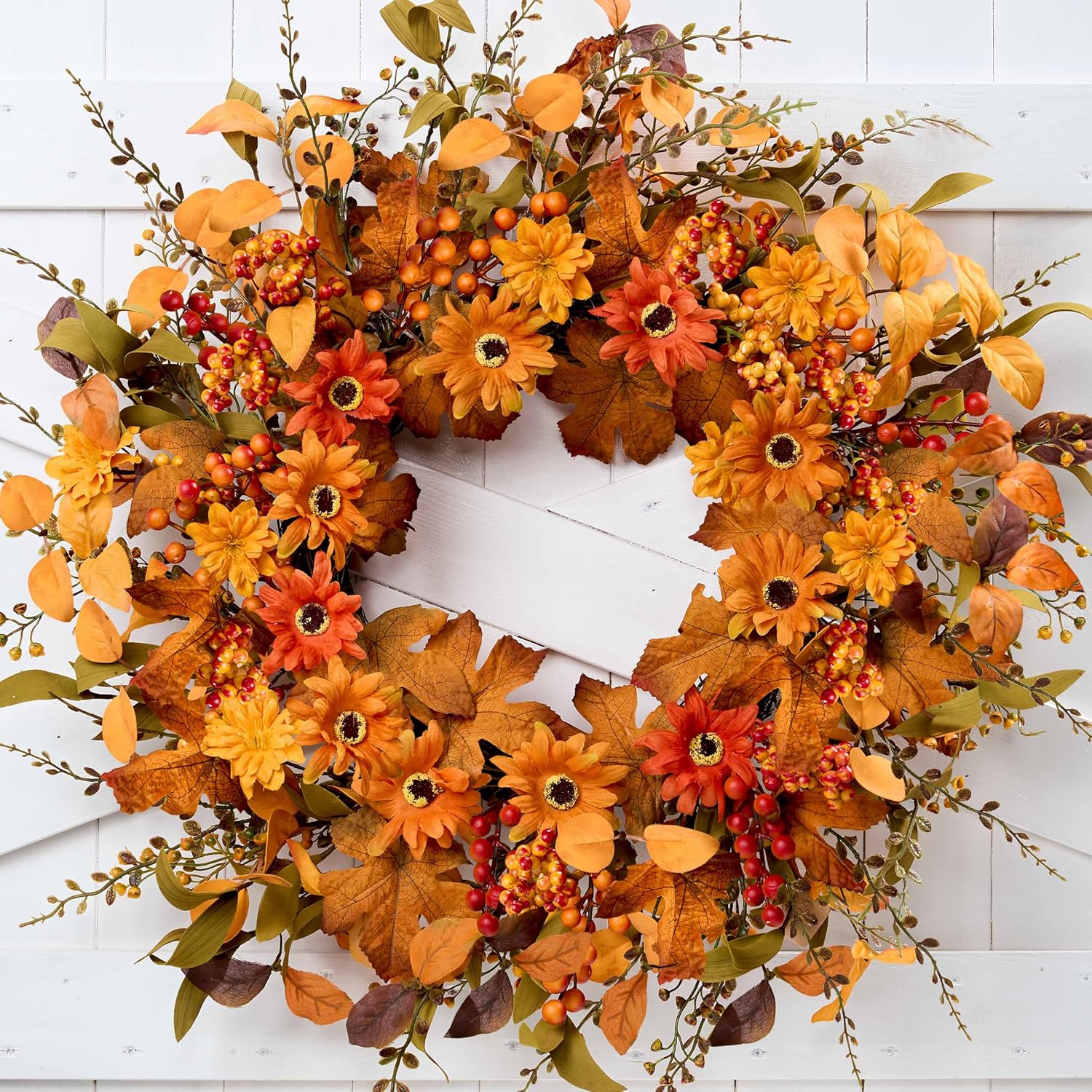 Artificial Fall Wreath 22 Inch Fall Wreaths for Front Door with Orange Berries Daisies Eucalyptus Leaves Autumn Door Wreaths for Thanksgiving Harvest Festival Wall Porch Farmhouse