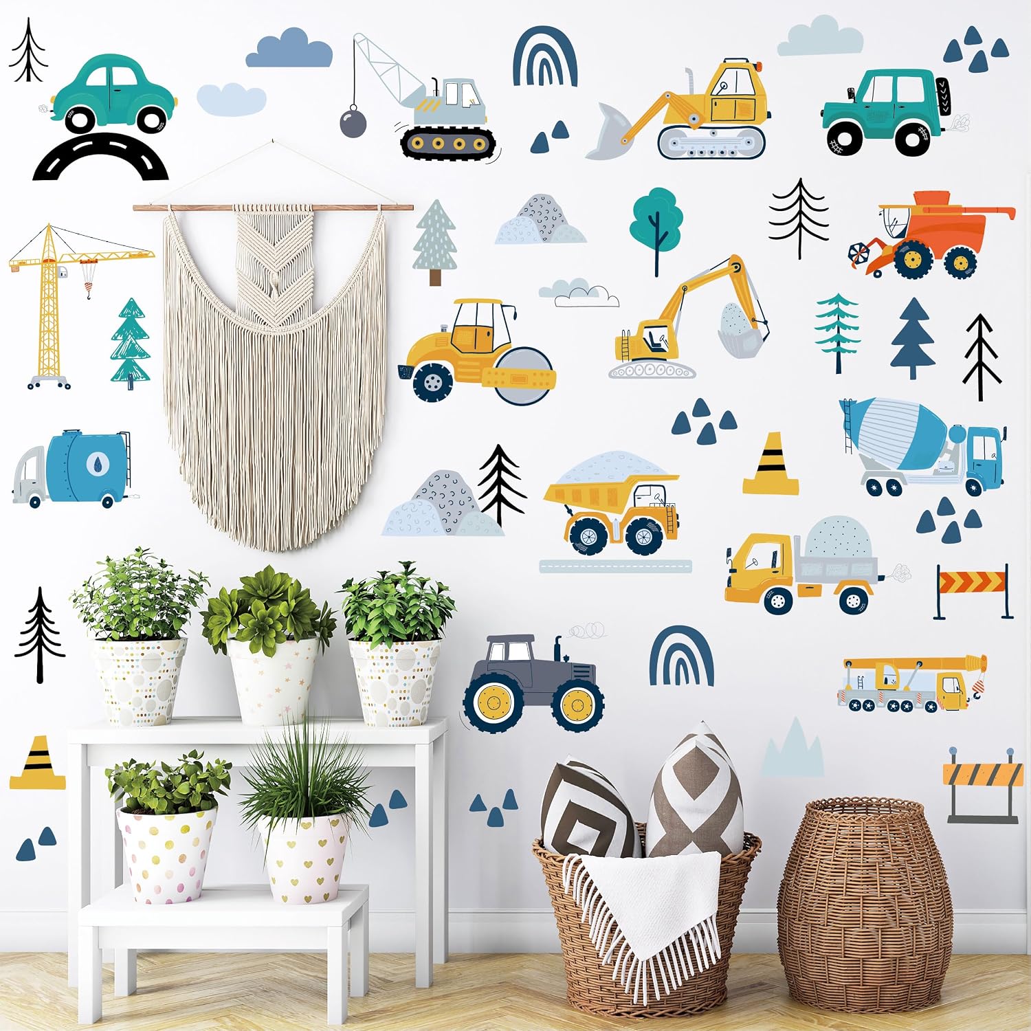 AOWDIAO Construction Vehicle Wall Decals – 90Pcs Reusable Peel and Stick Vinyl Stickers for Kids’ Room, Nursery & Playroom – Removable Truck Decoration for Boys & Toddlers