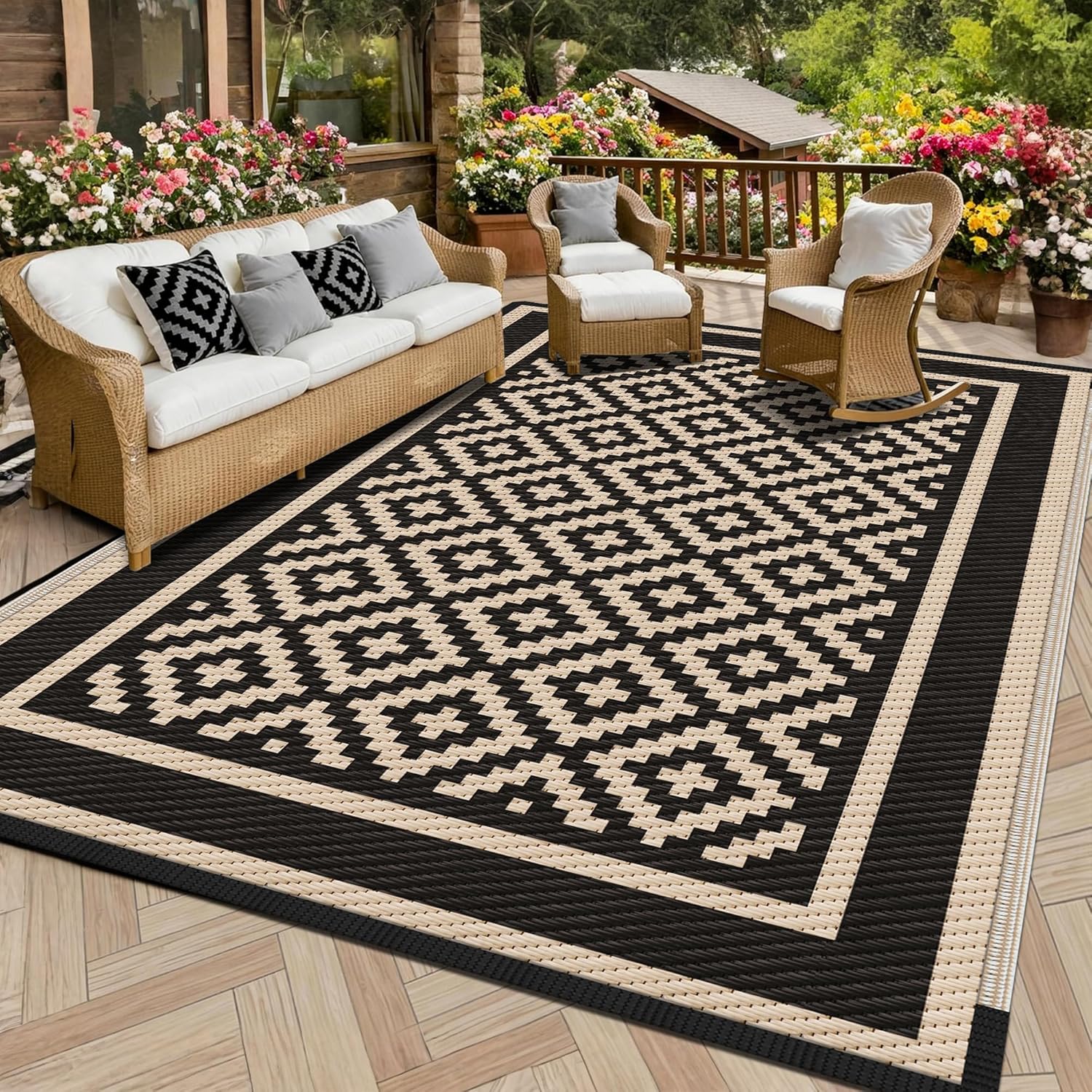Kohree RV Outdoor Rug, Diamond, 8×10, Black & Brown | Waterproof, Reversible, UV Fade Resistant, Easy Cleaning, with Carry Bag for Patio, Porch, Camping, Balcony, Backyard