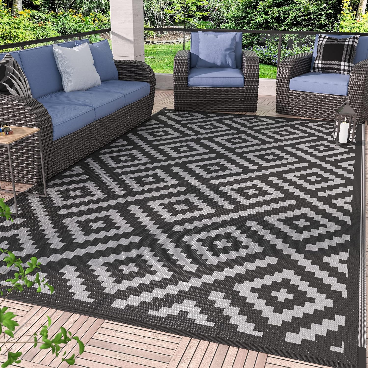 GENIMO Outdoor Rug, Waterproof Plastic Rugs for Patio, 5’x8′ Black Grey | Outside Larger Modern Carpet Mat for Porch Decor, Deck, Balcony, Camping, RV, Backyard, Picnic, Beach, Reversible, Foldable