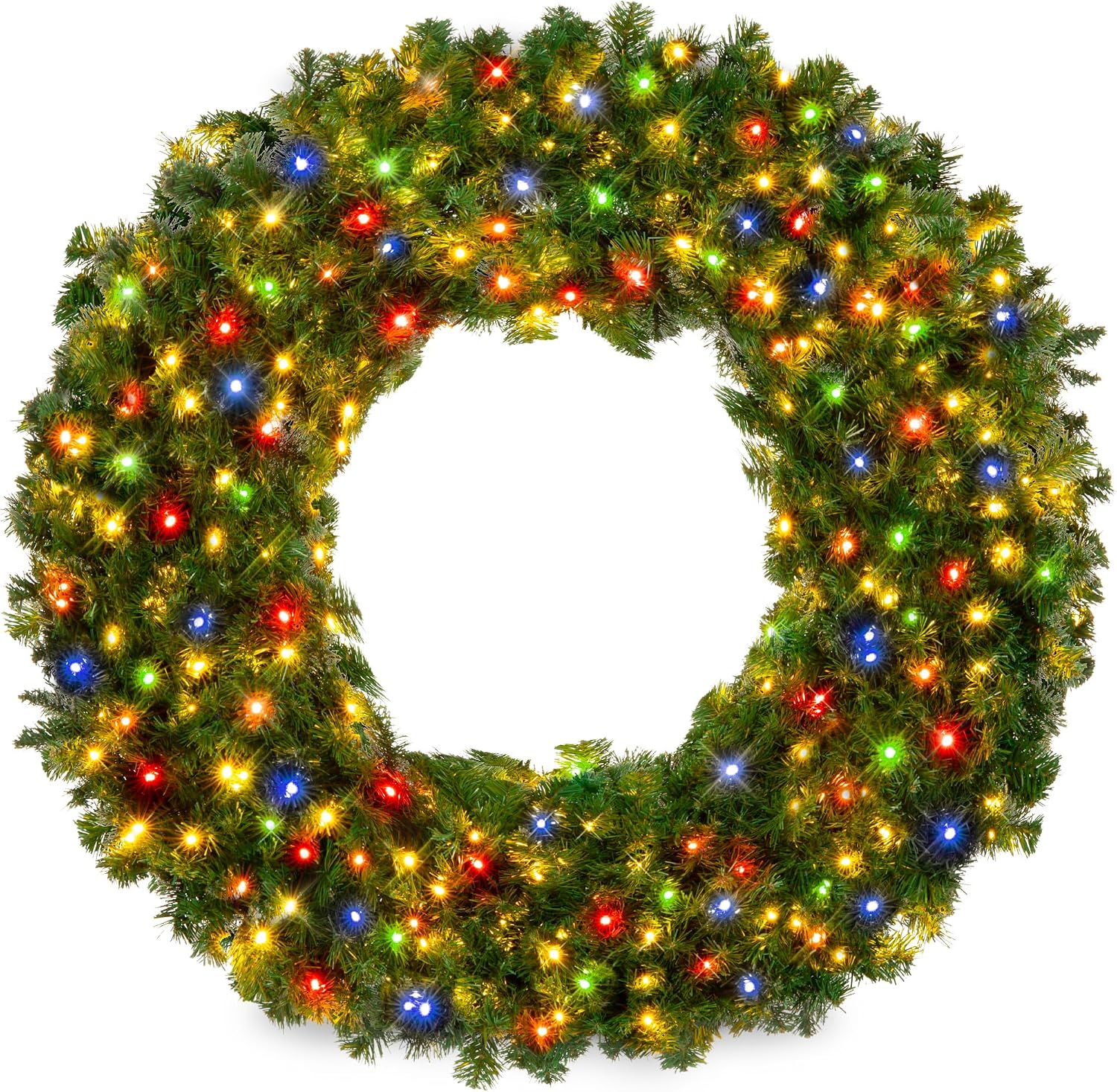 Best Choice Products 24in Large Artificial Pre-Lit Fir Christmas Wreath Holiday Accent Decoration w/ 50 Multicolor Lights, 100 PVC Tips