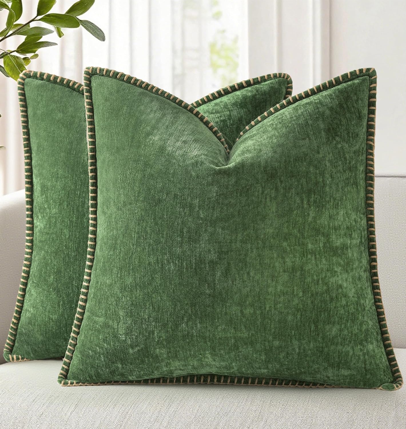 decorUhome Soft Chenille Throw Pillow Covers 18×18 Set of 2 Forest Green | Fall Textured Decorative Throw Pillow Cases Stitched Edge Modern Farmhouse Luxury Boho Velvet for Couch Sofa Bed Home Decor