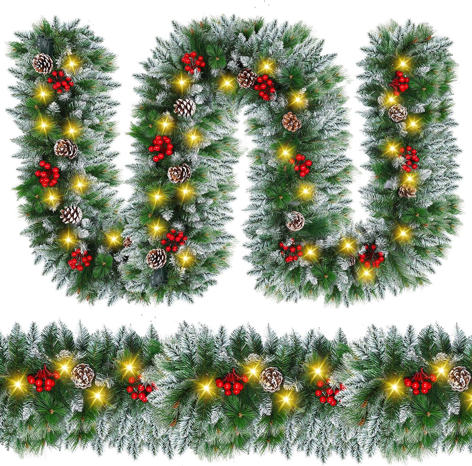 Christmas Garland with Lights – 9FT Pre-Lit Flocked Garland with 30 LED Bulbs, Red Berries, Pine Cones, Artificial Pine Battery Operated Garland for Fireplace, Staircase, Indoor & Outdoor Decoration