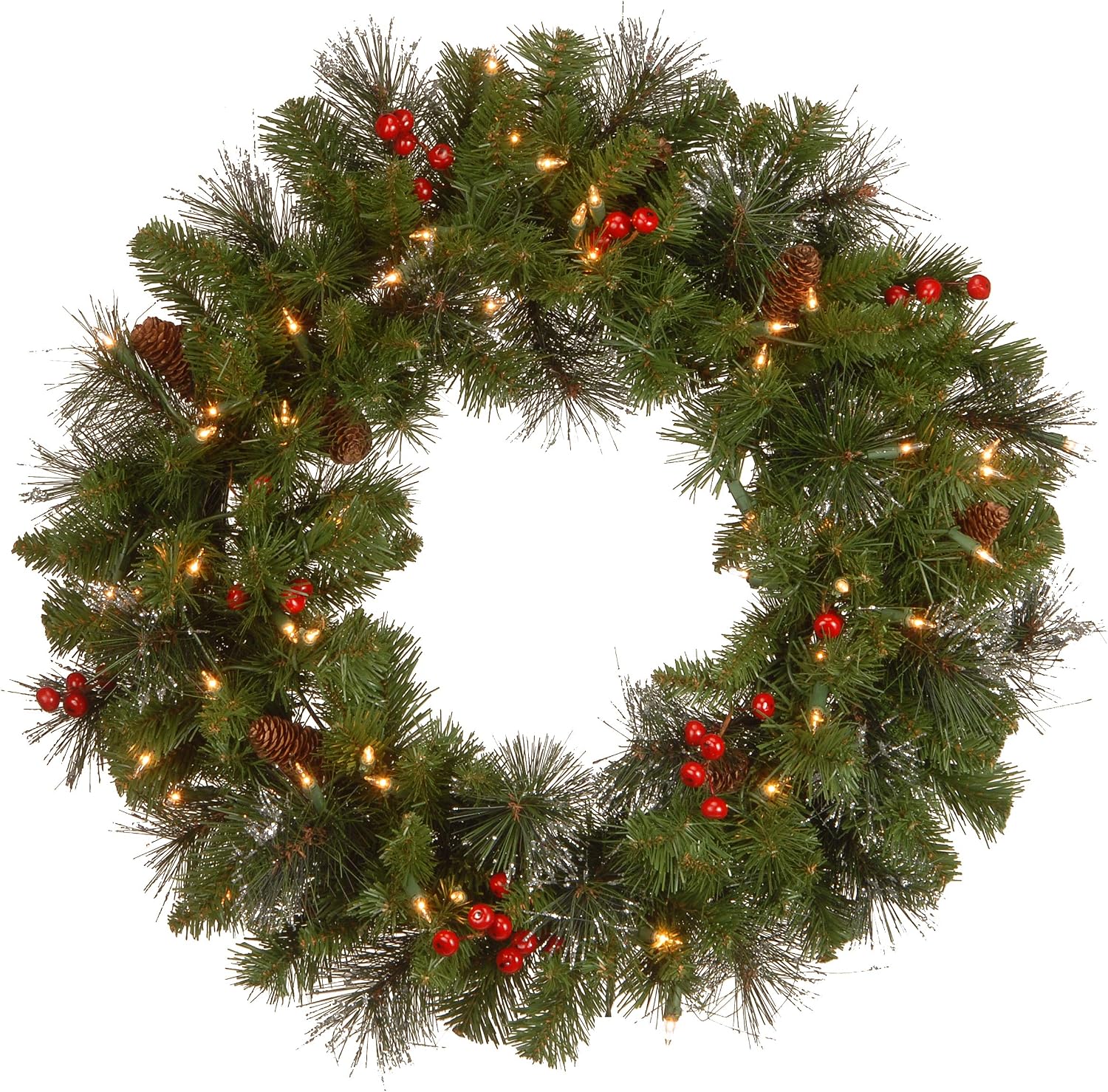 National Tree Company 24in Pre-Lit Crestwood Spruce Christmas Wreath | 50 Clear Lights, 160 Tips, Artificial Christmas Decoration with Glitter, Pinecones, Red Berries, Green