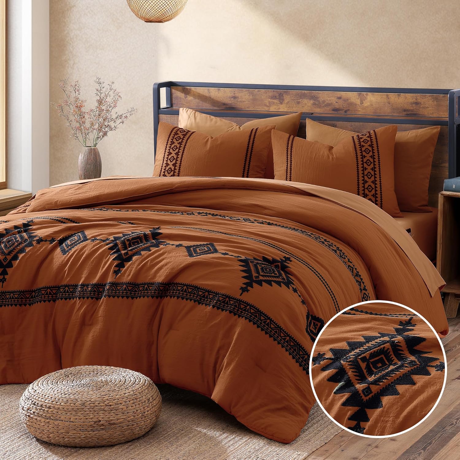 MaiRêve Embroidery Queen Comforter Set 7 Pieces Burnt Orange Bed in a Bag | Western Boho Farmhouse Bedding Sets with Comforter, Sheets, Pillowcases & Shams