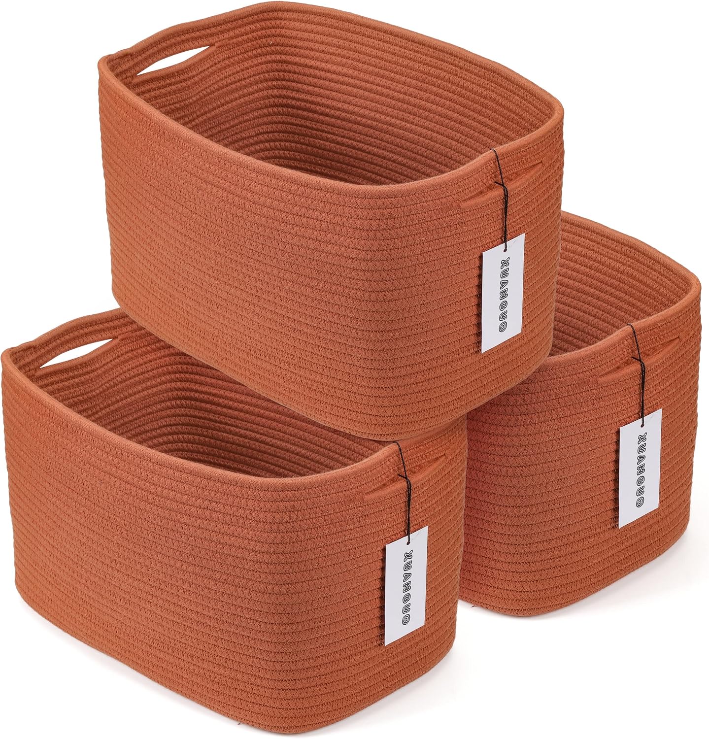 Cotton Rope storage Basket Bins Woven Basket for Organizing Shelves 15X10X9.3″ Rectangle Decorative Baskets For storage Clothes Toys Books Towels Nursery basket organizer 3 pack Rust