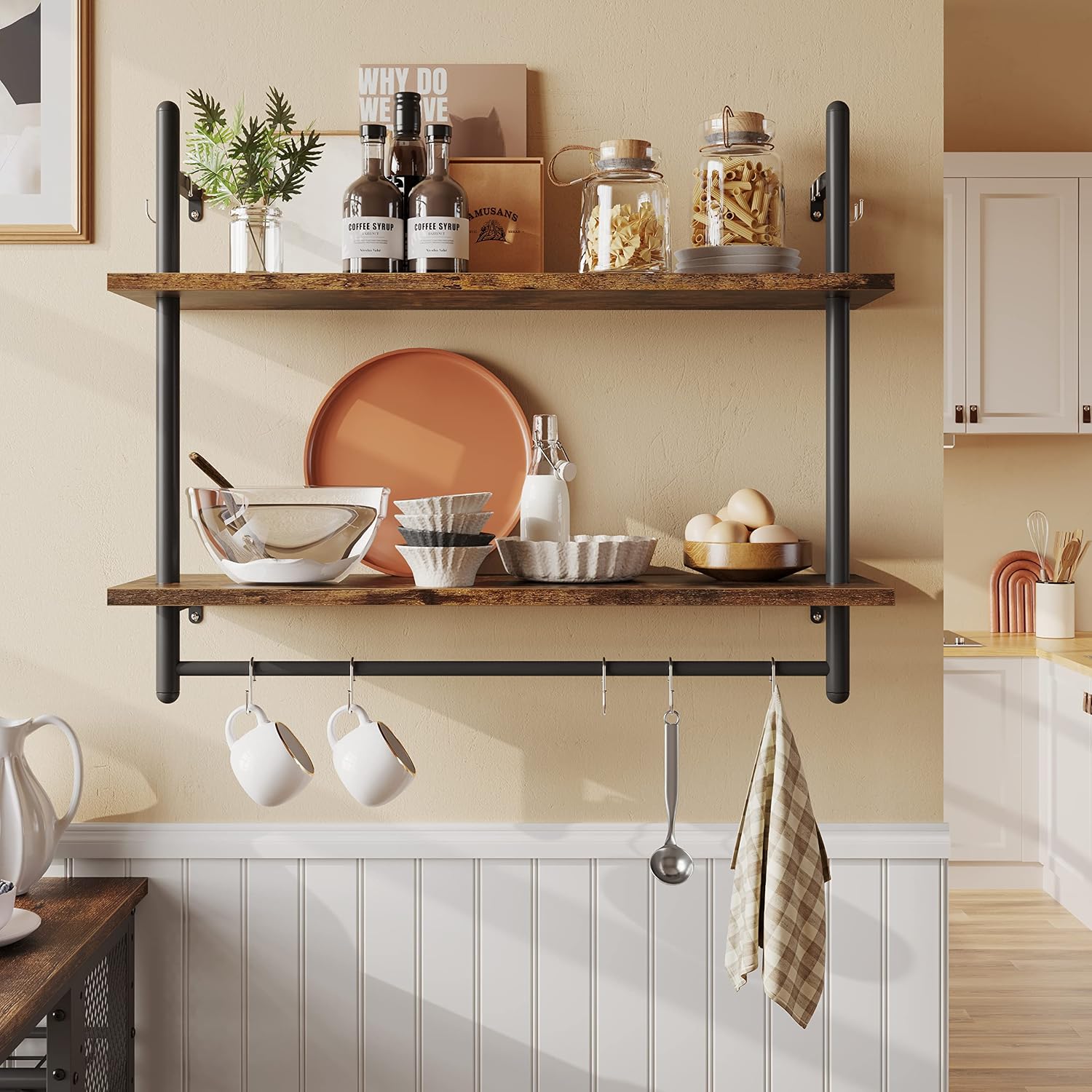 Bestier Pipe Shelf Industrial Floating Shelving 31″ Kitchen Wall-Mounted Shelf with Towel Bar Hooks Coffee Bar Shelves Wine Hanging Display Rack Bookshelf Living Room Decor Bathroom-Rustic Brown