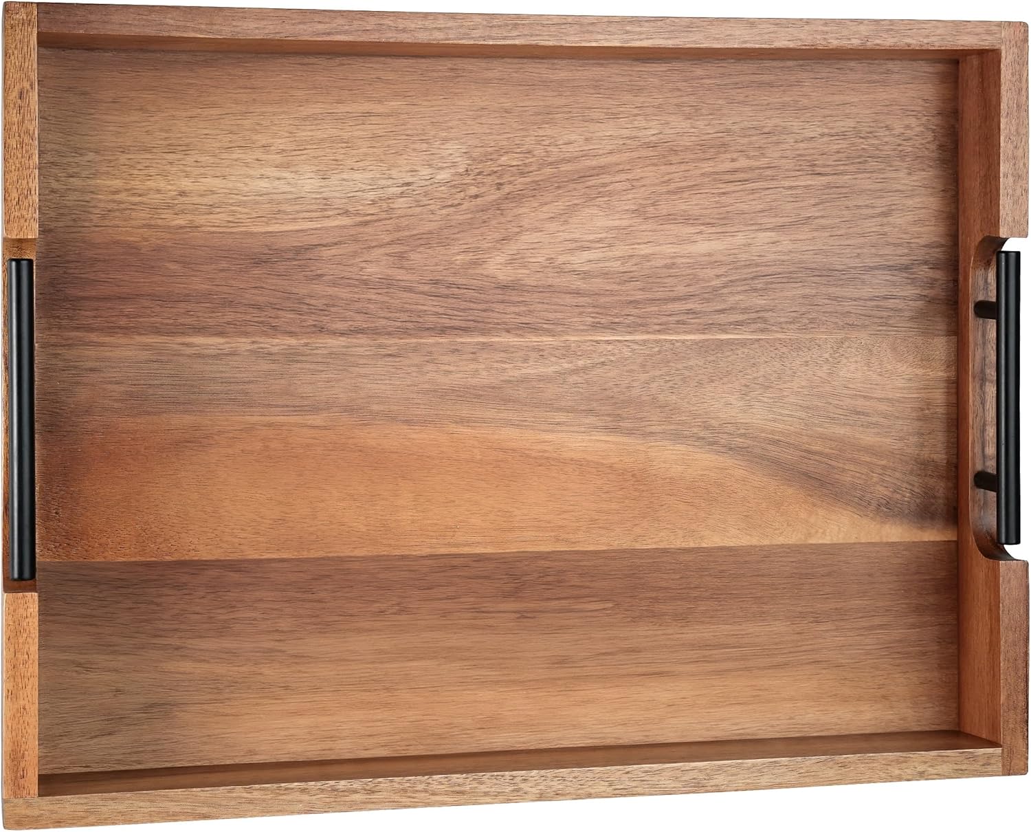 Joy&Grace Acacia Wood Ottoman Tray with Handles 16.7″ x 12.8″ | Large Acacia Wooden Serving Tray for Coffee Table Living Room, Breakfast in Bed, Food Dinner, Kitchen, Couch (Color Natural)