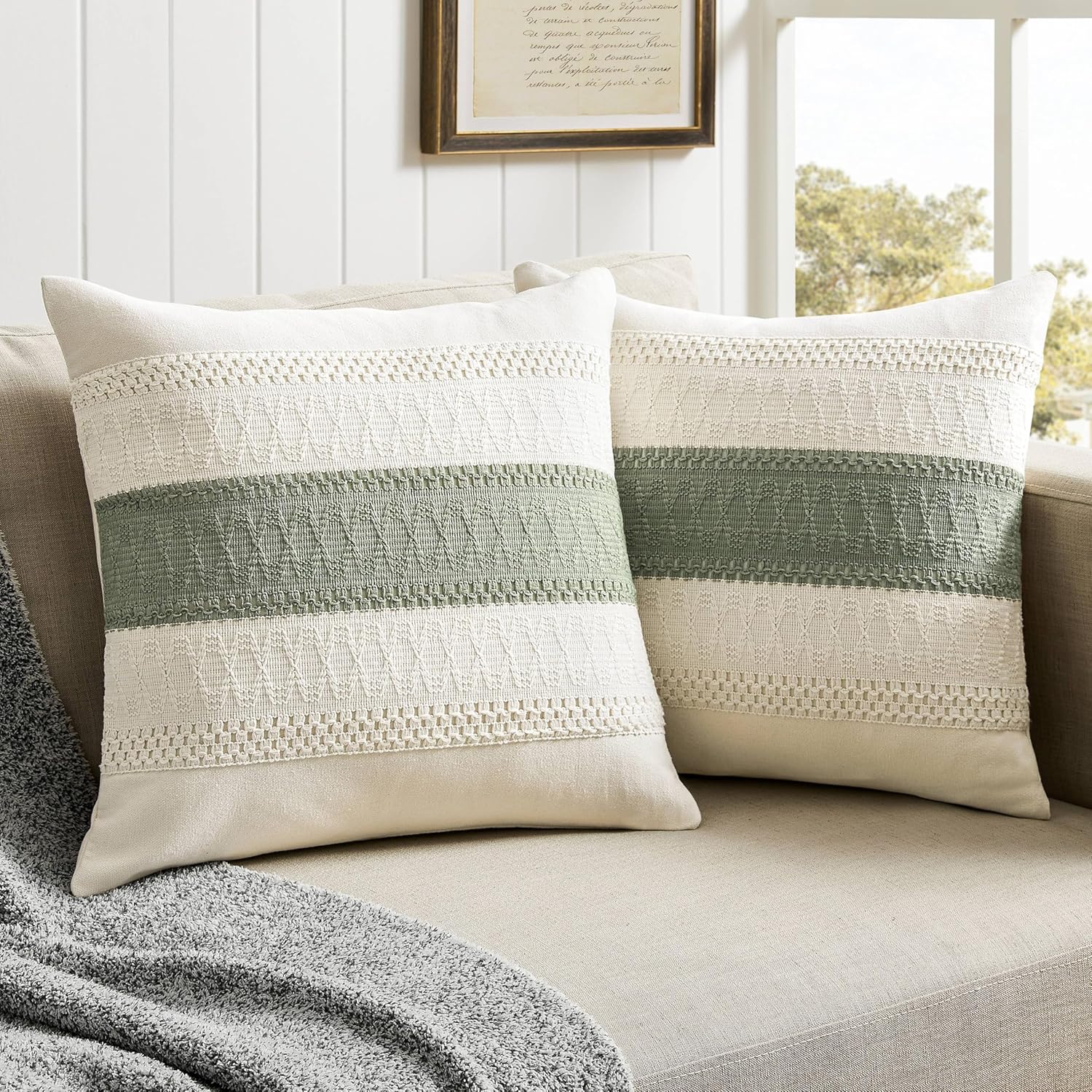 ZeeMart 2 Pack Boho Throw Pillow Covers, Contrast Green 18x18in | Soft Breathable Cotton, Farmhouse Decorative Couch Pillow Cases, Cushion Covers for Sofa Bed Living Room Home Decor