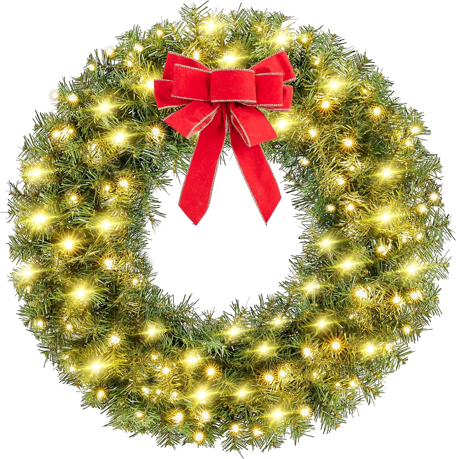 Yaheetech 30in Large Artificial Christmas Wreath, Pre-lit Holiday Accent Decoration with Red Bow, 110 LED Lights & 300 PVC Tips, Metal Structure for Door Wall & Mantel | Pre-lit Holiday Accent Decoration with Red Bow, 110 LED Lights & 300 PVC Tips, Metal Structure for Door Wall & Mantel