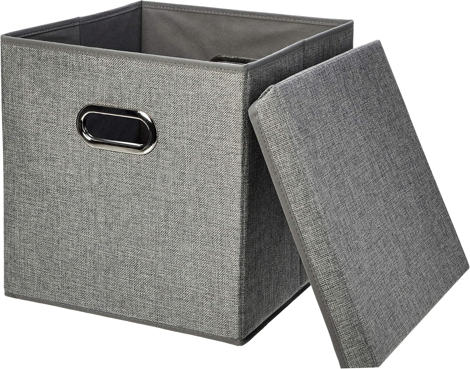 Amazon Basics Foldable Burlap Cloth Cube Storage Bins with Lid, Collapsible Organizing Containers, Stackable and Sturdy, Gray, Set of 2