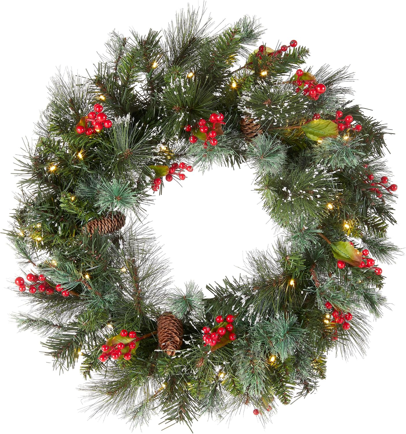 National Tree Company 24 in Pre-Lit Wintry Pine Flocked Artificial Christmas Wreath, Christmas Decoration with Pinecones, Red Berries, 50 Clear LED Lights, 113 Tips, Timer, Green | 50 Warm White LED Lights, 113 Tips, Artificial Christmas Decoration With Pinecones, Red Berries, Timer, Green