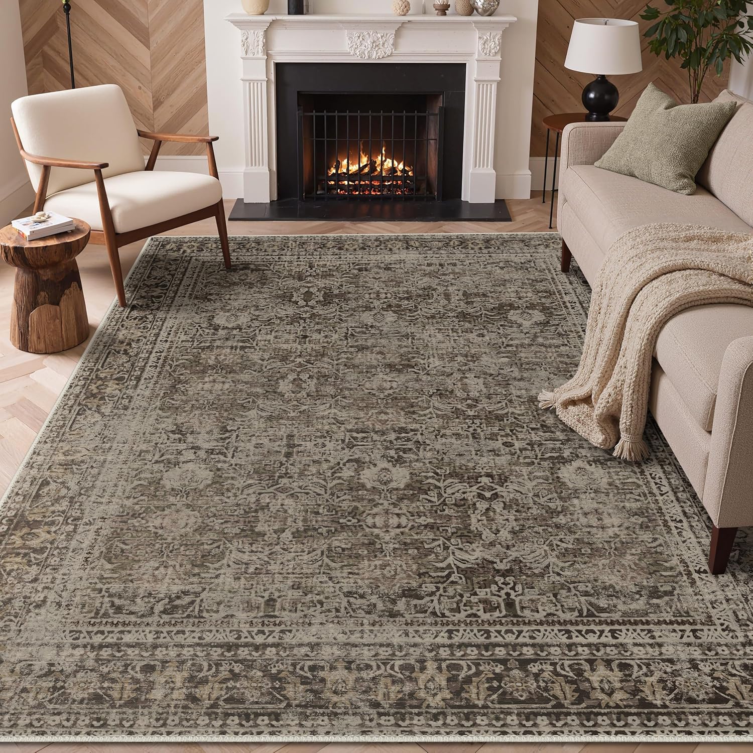 GENIMO 8×10 Washable Area Rugs for Living Room, Non Slip, Taupe Brown | Large Vintage Floral Rug, Stain Resistant, Low Pile and Lightweight for Bedroom, Dining Room and Home Office