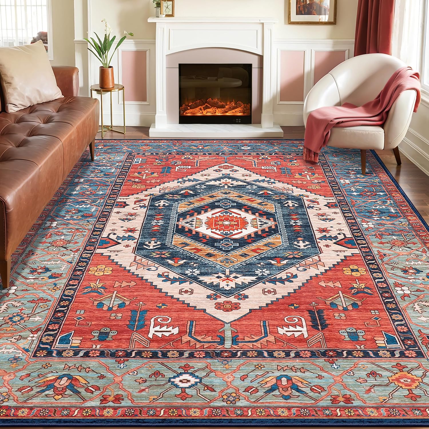 SERISSA 8×10 Washable Non Slip Boho Area Rug for Living Room，Rust | Ultra Soft Vintage Oriental Carpet Low-Pile Tribal Throw Carpet for Dining Room Bedroom Dorm Office Home Decor