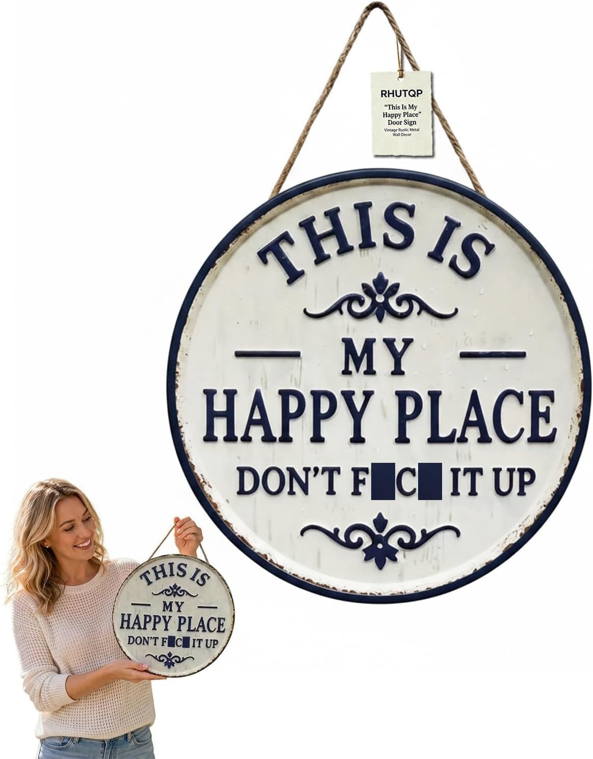 Happy Place – Vintage Statement Metal Sign, “This Is My Happy Place” Round Garden Wall Art Decor, Retro Farmhouse Rustic Hanging Decor for Indoor & Outdoor Use, Ideal for Porch, Garden, Living Room