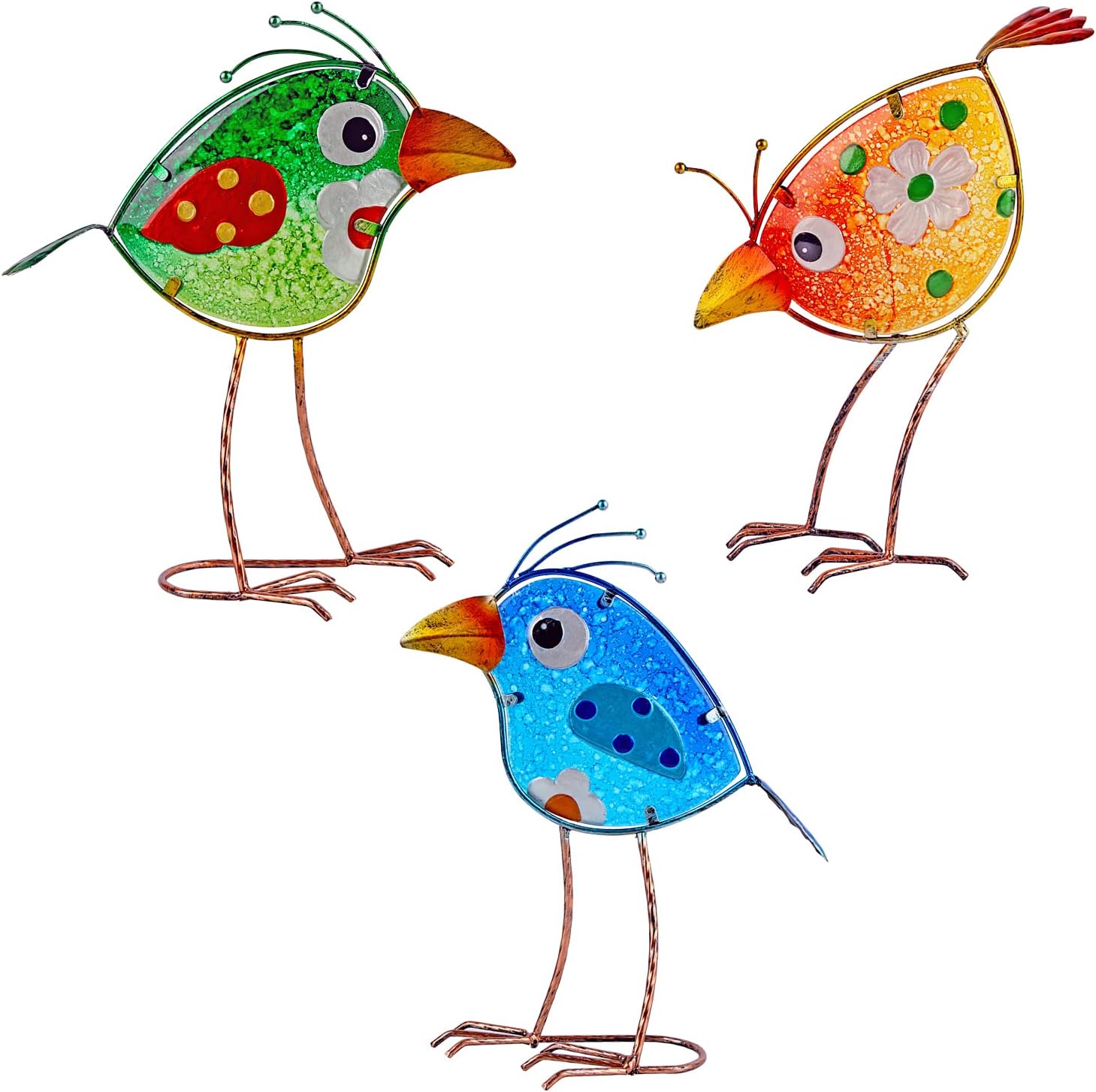 John’s Studio Garden Decor for Outside – Outdoor Statue Decorations Metal Bird Glass Yard Art Décor, Lawn Ornaments for Patio Yard Porch, Housewarming Gift – 3 PCS